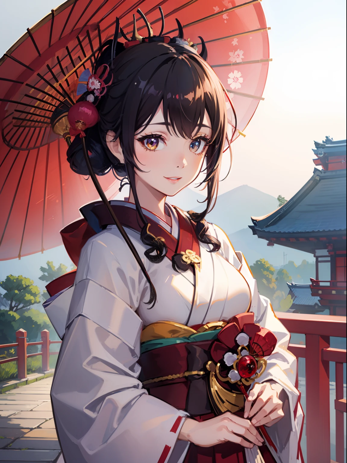 masutepiece, High resolution, 8K, Delicate and detailed writing 、Detailed digital illustration、Aristocratic clothing、a very beautiful woman、Eyes are double, Big and cute,、Bust is D cup、High image quality, High quality、Detailed background、I'm wearing a hair ornament.、Glittering background、The inside of the eye shines like a diamond、4 fingers, 1 thumb、Detailed female face、Smile、Very beautiful and cute woman、Japan Maiko、A dark-haired、A smile、Holding a red umbrella、Beautiful and detailed Kyoto cityscape、You can see the temple in the distance、Hair is bunched、Showa hairstyle、Maiko、No exposure、Wearing a beautiful kimono with great detail、(((Maiko)))、(((geisha)))、Very realistic and detailed background