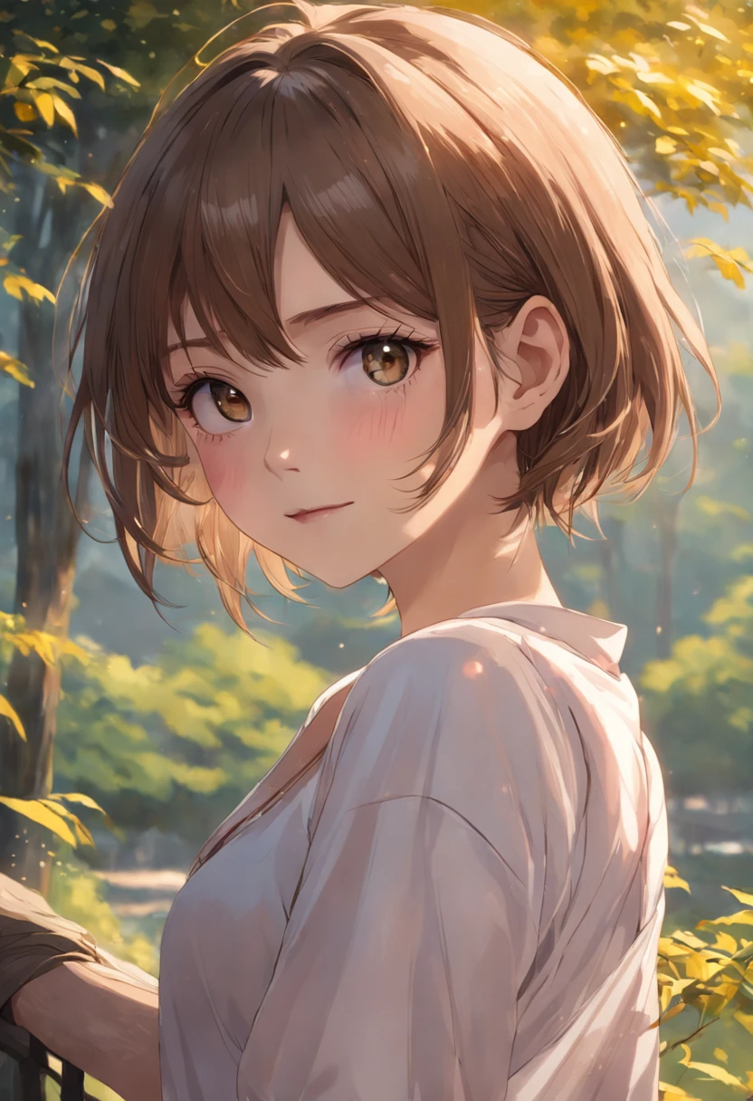 (Raw photo, Best Quality), (Realistic, Photorealsitic:1.3), masutepiece, Extremely delicate and beautiful, Soft light, (Brown hair, Short hair swaying in the wind, Bangs), Beautiful detailed girl, (Detailed fingers), extremely detailed eye and face, beautiful detailed nose, Beautiful detailed eyes, 1 girl, Japanese, Neat and clean beauty, Cute, 年轻, Smile, dress shirts, Pants, (Half body:1.3), (medium breasts), Realistic face, Realistic body, Outdoors
