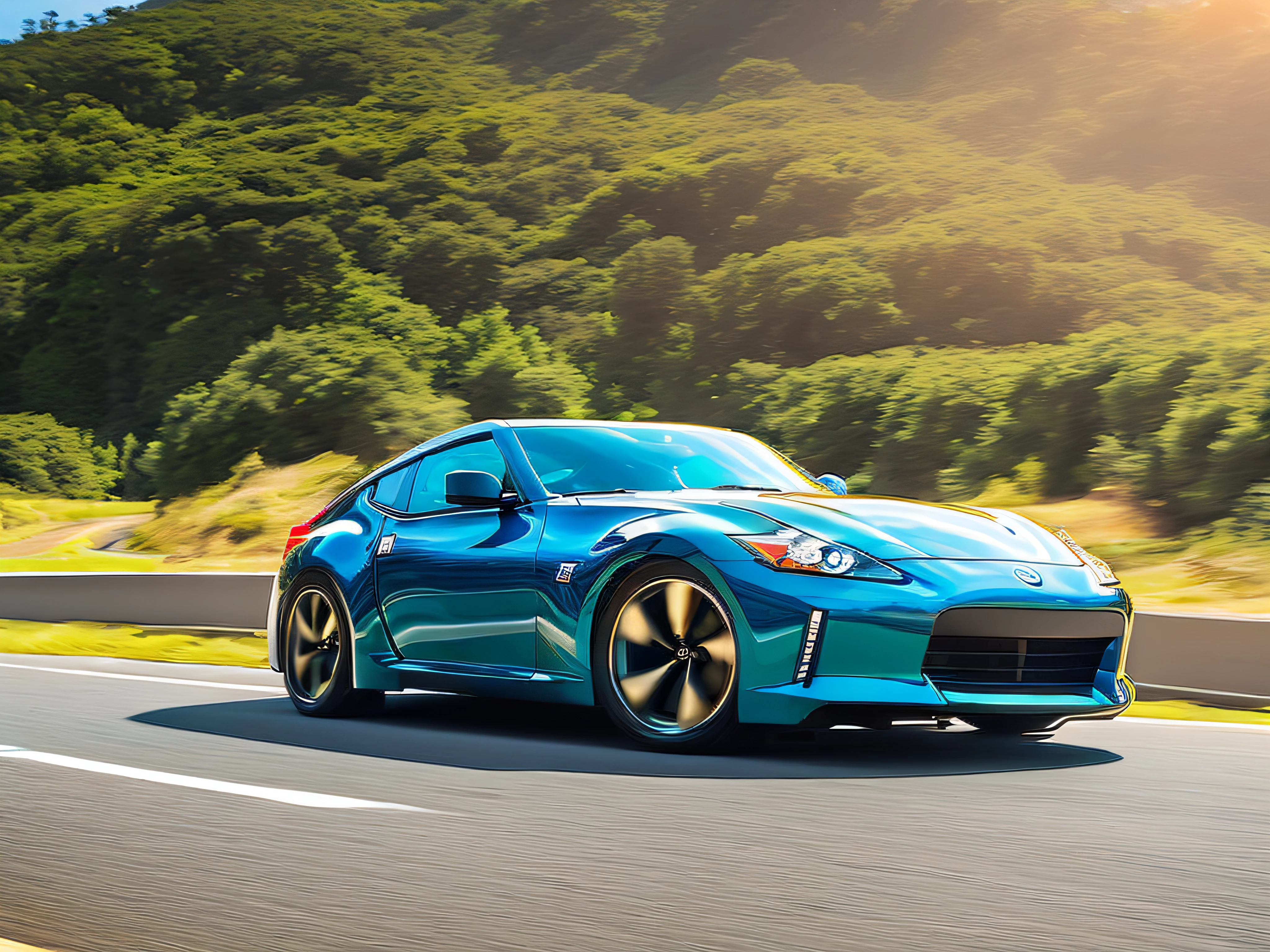 Turquoise Nissan Fairlady Z galloping along the coastal highway, Blue sky, Motion Blur, Ultra-high resolution, Highly detailed and accurate representation, Vivid colors, Midsummer sunshine,