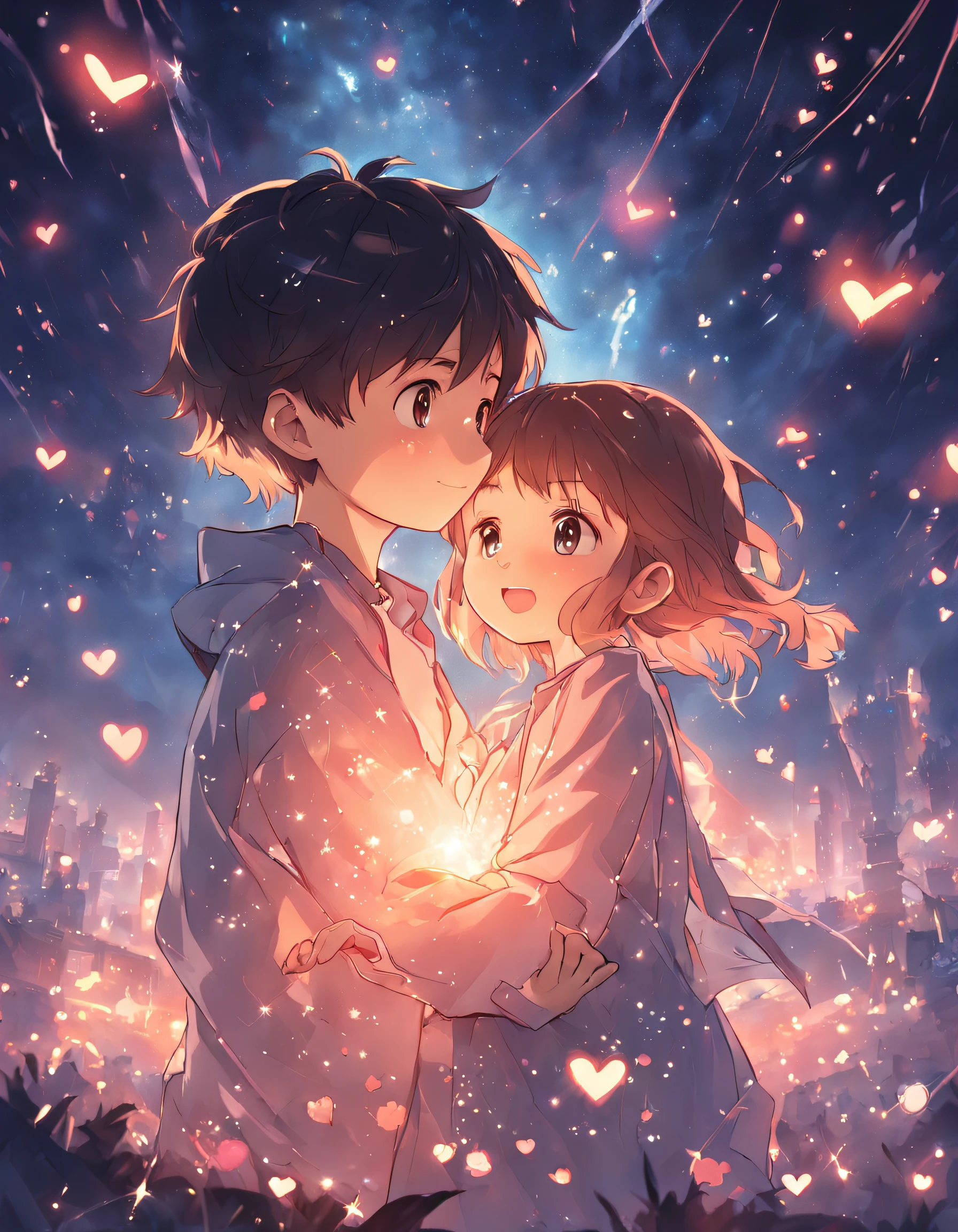 the night,Colorful,Fireworks all over the sky,Heart-shaped bubbles,Child couples,Cartoony,Chubby little girl and little boy hugging each other,Glowing fireflies around,,Cute and cute,KIDS ILLUSTRATION,Glow effects,Dingdall effect,depth of fields,high light,Real light,Ray traching,oc rendered,Hyper-realistic,best qualtiy,8K,Works of masters,super-fine,Detailed pubic hair,Correct anatomy,sharp focus on eyes,Bokeh,Facial features are carefully depicted