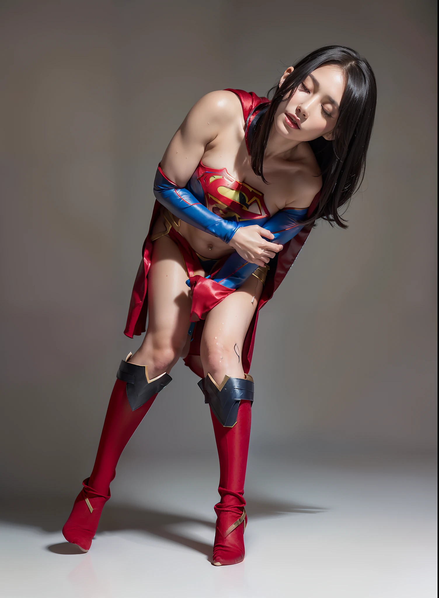 (((Make the most of the original image)))、(((Supergirl Costume)))、(((Crafted)))、(((and draw the full body)))、(((Stick to weakness)))、(((Eyes closed)))、(((a short bob、lustrous dark hair)))、(((Suffering)))、(((The cloak is red)))、(((Wearing stockings)))、(((Costumes are torn to shreds)))、((Top image quality、8K))、((top-quality、8K、masterpiece:1.3))、Crisp focus:1.2、Beautiful woman with perfect body shape:1.4、Slender Abs:1.2、((layers-Cut))、a wet body:1.5、Highly detailed facial and skin texture、