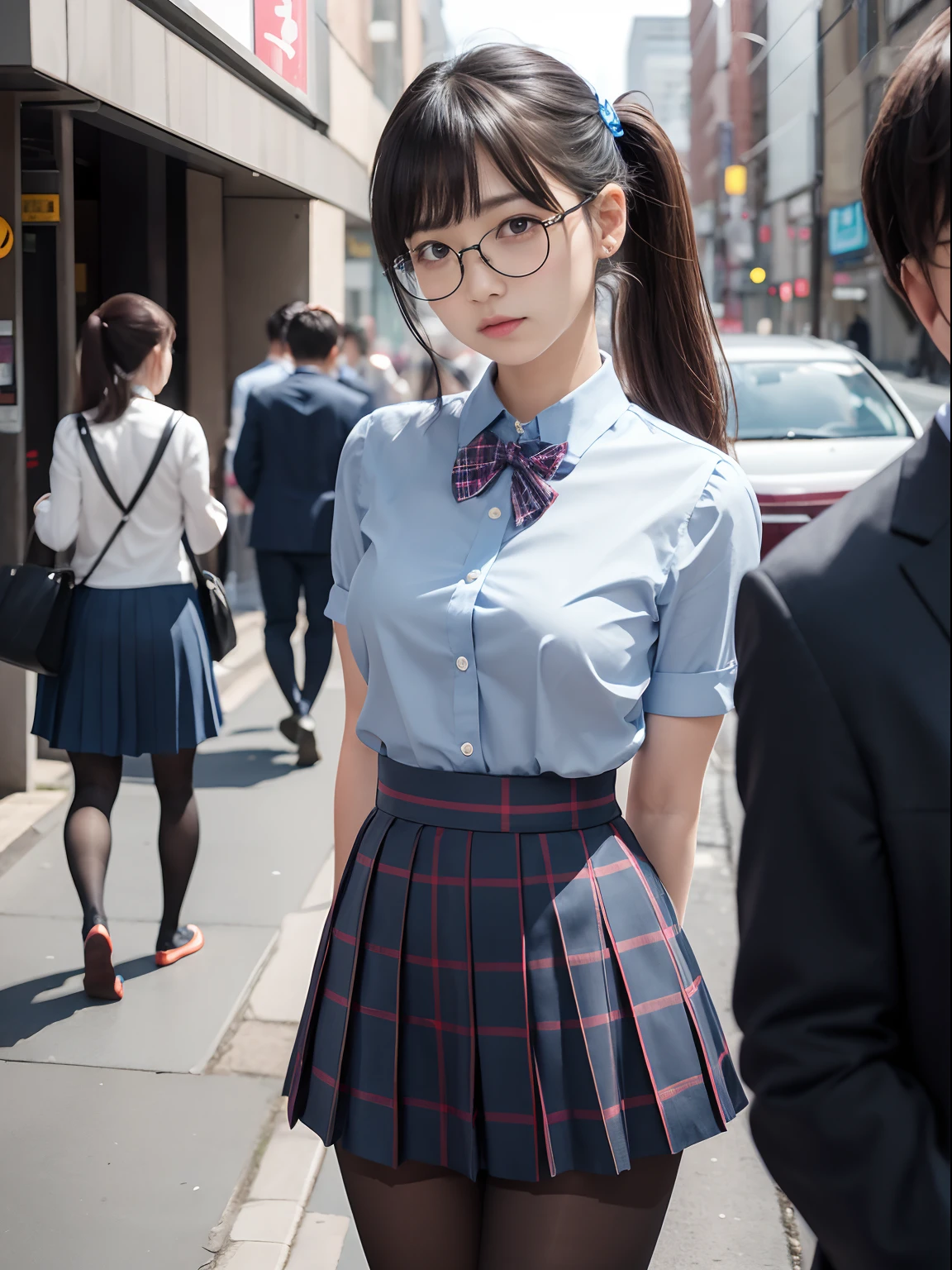 (8K、Raw photography、top-quality、masterpiece:1.2),watching at viewers,Looking at the front,Short ponytail,Bullish,Muchimuchi,??????,Pupils,Light Blue Bra,de pele branca,kne,(Black pantyhose),absurderes,a small face,small tits,flat breast,Parting the bangs from the middle、Forehead visible,(be shy,Tight eyes,glares,Bullish,skinny,Rasping,irate)、masterpiece,top-quality、超A high resolution,Raw photo,ren,Beautiful fece,One Person, 独奏,eye glass,,Small breasts,fullllbody,Round glasses、cute little、Back to Student,JK school uniform,hi-school girl,A Japanese Lady,is standing,(Photorealsitic:1.37)、Photon mapping,Realistic、Cute little face,Brown-eyed、Black socks、(Red bow tie)、Radio City、Physically Based Rendering、Foreground、depth of fields、Blurry background、a picture,The girls、Body,beauty legs, Long legs, Thin leg,Tie your hair into one strand on your chest,(Bangs are visible), hair, s lips, Blue_The eye, nosesoft,(Light blue shirt), (Navy and blue and white plaid pleated skirt), Knees are visible,Sheer clothing,, Thigh, Black cotton socks,Nogizaka Idol, 女優, Japanese ido