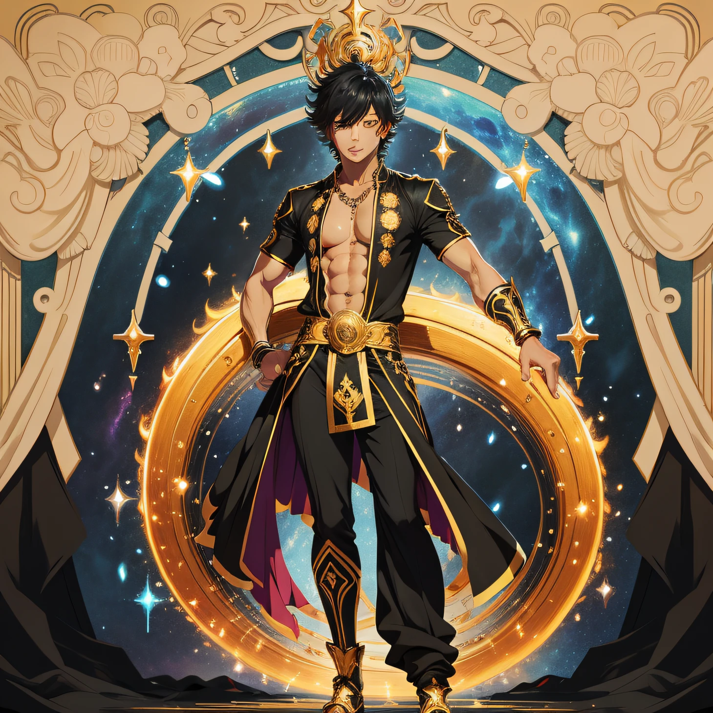 Draw in anime style a male samba dancer, vestindo uma roupa com plumagens, de pele negra, musculoso, segurando um Chakram, on a cosmic background, na imagem o personagem deve aparecer de corpo inteiro.
