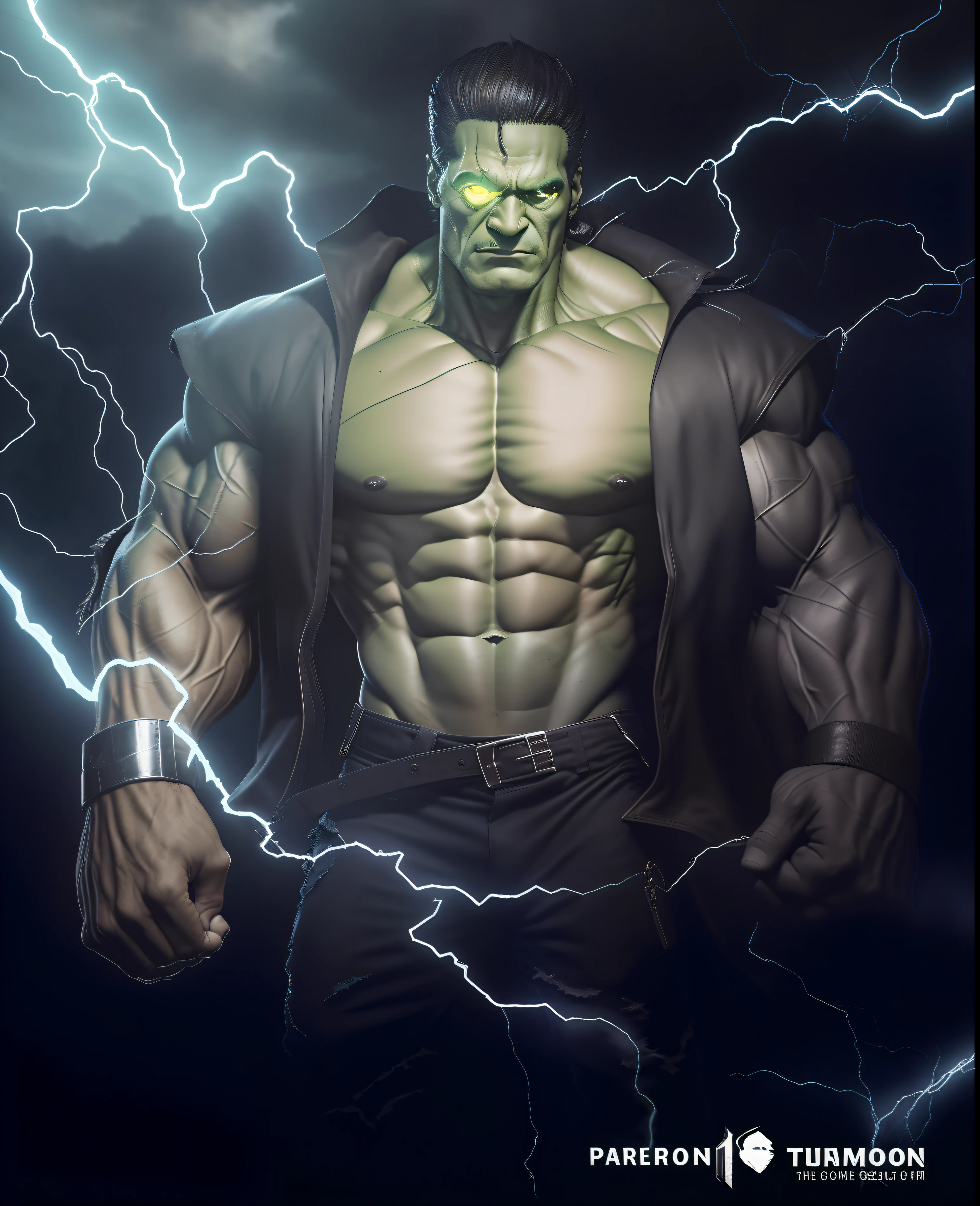 um close up de um homem com uma jaqueta segurando um raio, Frankenstein bonito, hulk like physique, Tipo de Corpo Hulk, Frankenstein, Goro, Mortal Kombat, in a menacing pose, manly monster tough guy, Hulk, son goku as the incredible hulk, Estilo de Raymond Swanland, Desmedido, O Hulk, musculoso e aterrorizante, menacing pose, Frankenstein colossal