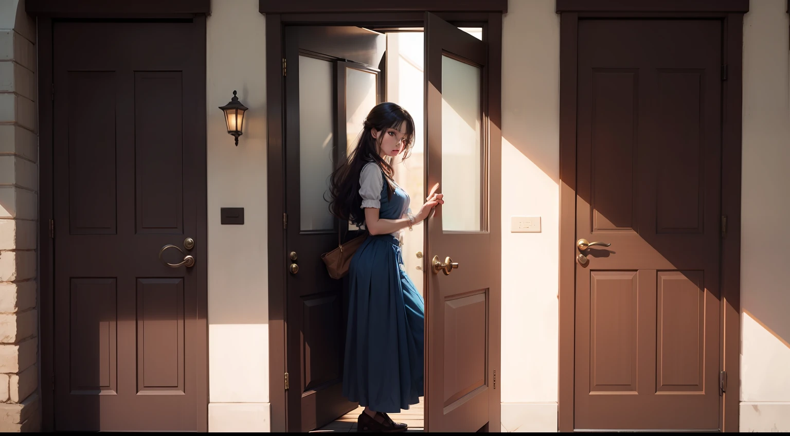 A beautiful girl on 2 sides with a door membrane