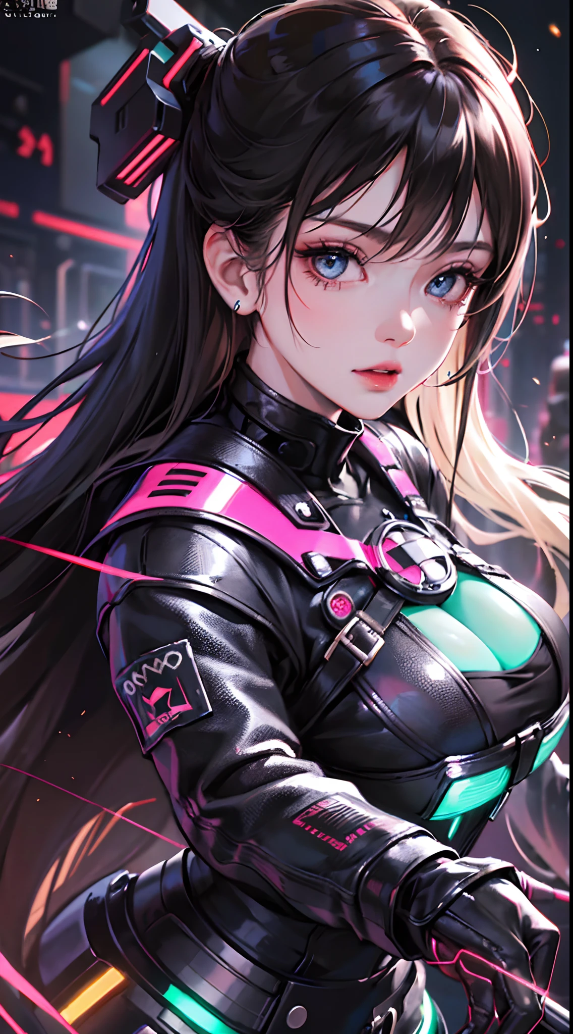 (1girl)、(Plump beauty)、(30-years old)、(Top image quality)、(8K picture quality)、(cyberpunked)、(masutepiece)、 (Flickering of light)、(Wear a cyberpunk military uniform)、cinematric light, Cinema Shadow, Sharp Image, Extremely detailed, Volumetric, Bright sprites, particles effect, beautiful effects, Vivid colors, neons, Neon light, Highly detailed image textures, detailed hairs, Detailed face, Detailed eyes, Full body photo, city、Dark hair、Eyes glow、Sparkling red aura、Photo from the knee up、Legion of Machines、
