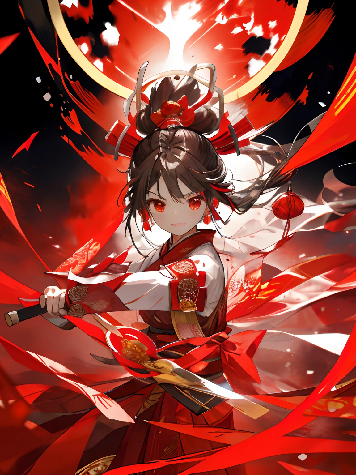 There is a blurry photo of a man holding a red object, chinese ribbon dance, big long cloth on the wind, silk flowing in wind, red cloth around his shoulders, nanquan, ruanjia, changquan, Waving a whip, inspired by Cao Buxing, qiangshu, inspired by Zhang Zongcang, very very low quality
