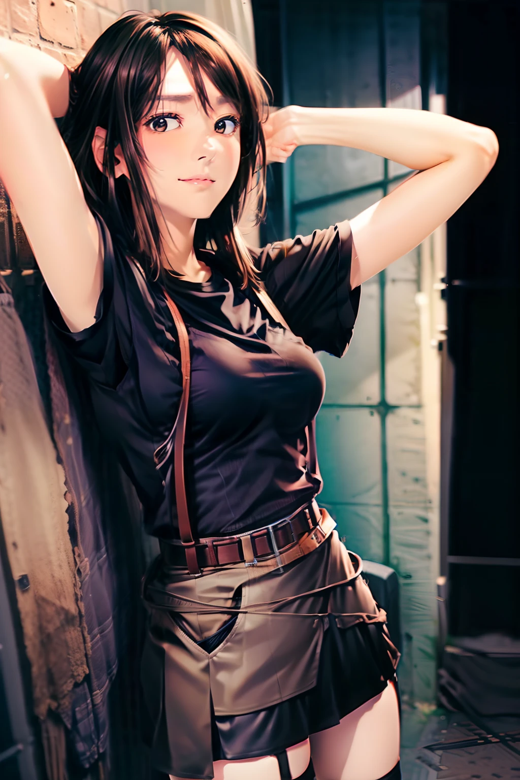 a black skirt, Tank Tops suspenders, Brown hair short, Gray eyes, holster, Garter belt on the legs, Big breasts and tight clothes, a belt Armpit sweat Fold your hands behind your head deadpan