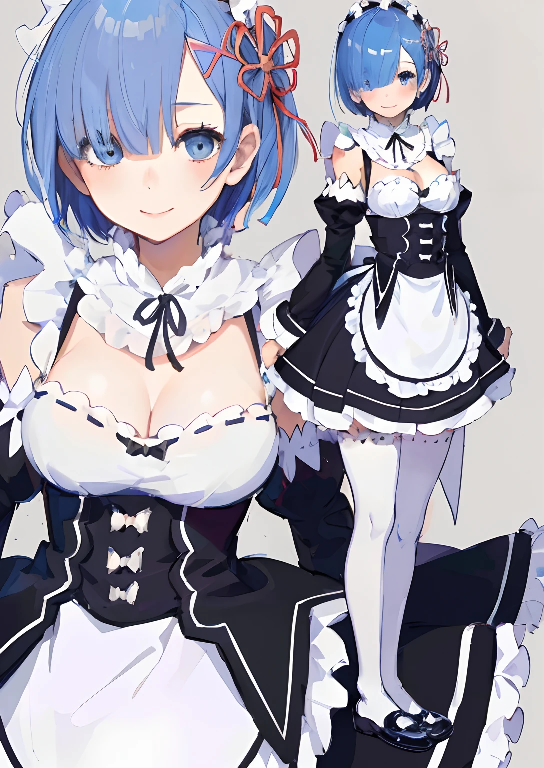 (1girl, NSFW, a girl with torn clothes beautiful girl, beautiful face, look at viewer, humiliated, front face, rem, blue eyes, blue hair, hair ornament, hair over one eye, hair ribbon, short hair, x hair ornament apron, black ribbon, black skirt, black sleeves, detached collar, detached sleeves, flower, frilled apron, frilled skirt, frills, head wreath, long sleeves, maid, miniskirt, neck ribbon, purple ribbon, ribbon, ribbon trim, ribbon-trimmed sleeves, roswaal mansion maid uniform, short hair, skirt, thighhighs, waist apron, white apron, white thighhighs,, huge ass, wide hips, large breasts, blush, sweat, realistic, huge breasts), (beautiful, masterpiece, super detailed, perfect lighting, shiny), (white wall, low angle,