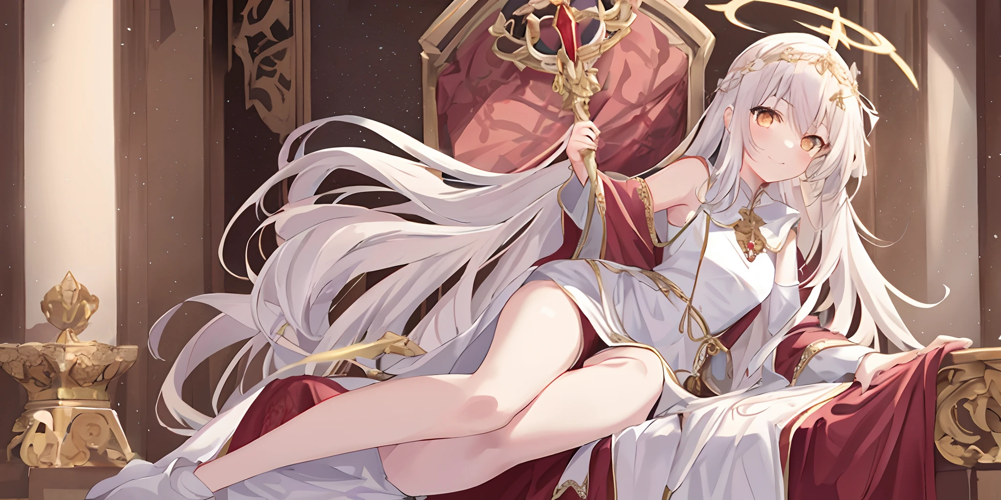Pope full body，one-girl，Poor milk，Bare legged，Bare legged，On the scepter，Lie down in bed（Light white robe，The pattern is complex））red shawl，（cute anime face），Gold eyes，long  white hair，ssmile，The halo，（Sit on a low throne），In a magnificent castle，A high resolution