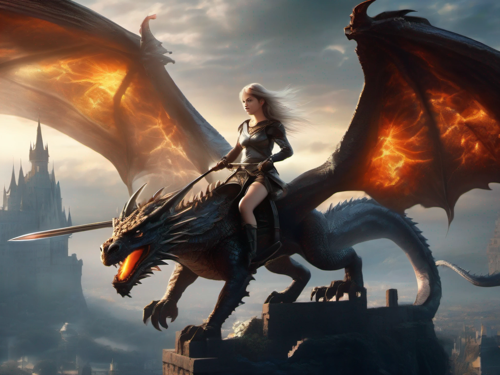 (Best Quality, Masterpiece: 1.1), (Realistic: 1.4), Beautiful girl is riding on the dragon, flying in the sky, god ray ,teen, silver short hair, blue eyes, over the castle, fractal art,Girl holds a sword in her right hand、Dragon breathes fire from its mouth,The castle is on fire