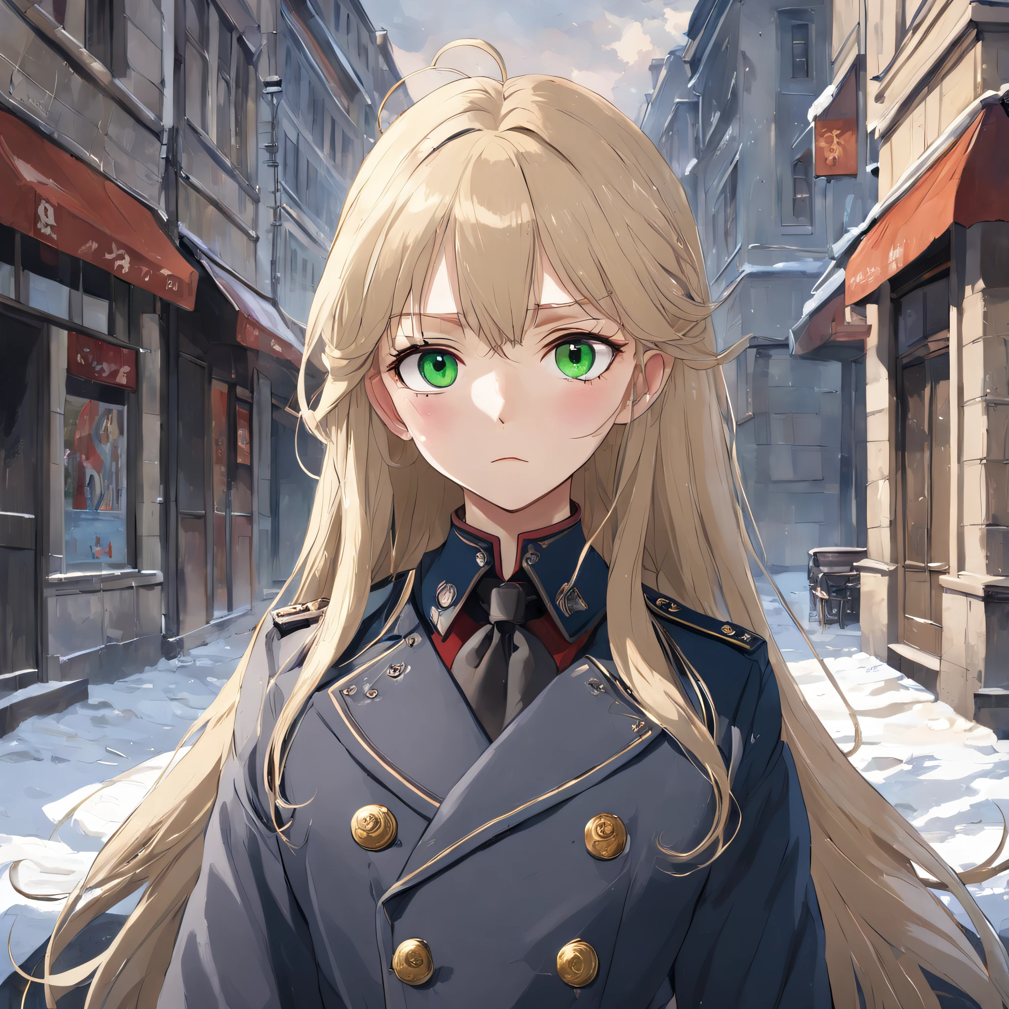 Lonely young girl, Tall stature, little chest, Slavic appearance: Green eyes; blond hair; sharp facial features; Straight nose; pronounced high cheekbones, stands upright, military uniform: gray double-breasted overcoat; gray pants, full length, max detail, Masterpiece quality, black leather gloves, in the middle of the street, Background: A street with a stone paved road with European stone houses from the first half of the 20th century, High quality shadows, High quality of light, High quality clothing.