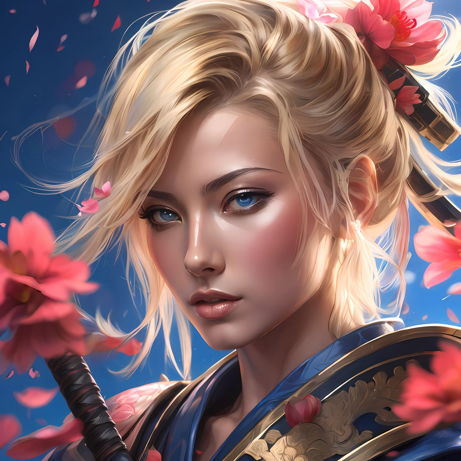 Christophe Young style; award winning full body portrait of a beautiful Brunette woman in samurai armor, holding a samurai sword, paint splashes, hair blowing in the wind, deep blue eyes ,flower petals, Bauhinia blakeanat tree in background, outrun, digital art, trending on artstation, highly detailed, fine detail, intricate