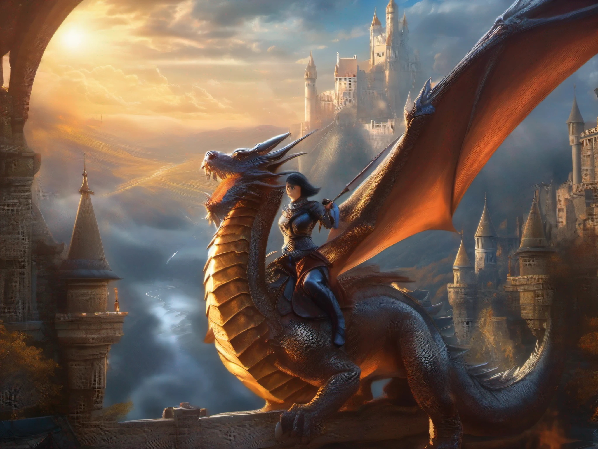(Best Quality, Masterpiece: 1.1), (Realistic: 1.4), Beautiful girl is riding on the dragon, flying in the sky, god ray ,teen, silver short hair, blue eyes, over the castle, fractal art,Girl holds a sword in her right hand、Dragon breathes fire from its mouth,The castle is on fire