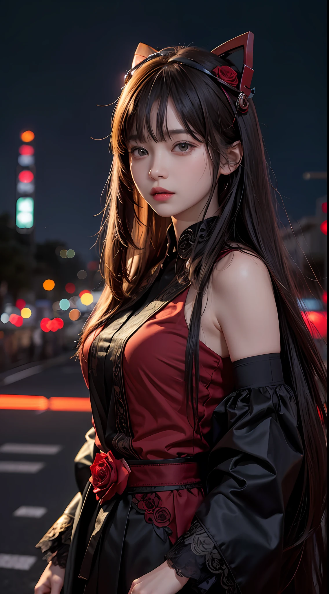 masterpiece, 最high quality, detailed, One girl, alone, night sky, Outdoor, full moon, performer, cloud, night,, Dark Sakura, (Black Dress), Long Hair, Evil Face, Red ribbon, Striped, Thighs, (Dynamic pose)、 masterpiece, 最high quality, high quality, High resolution、