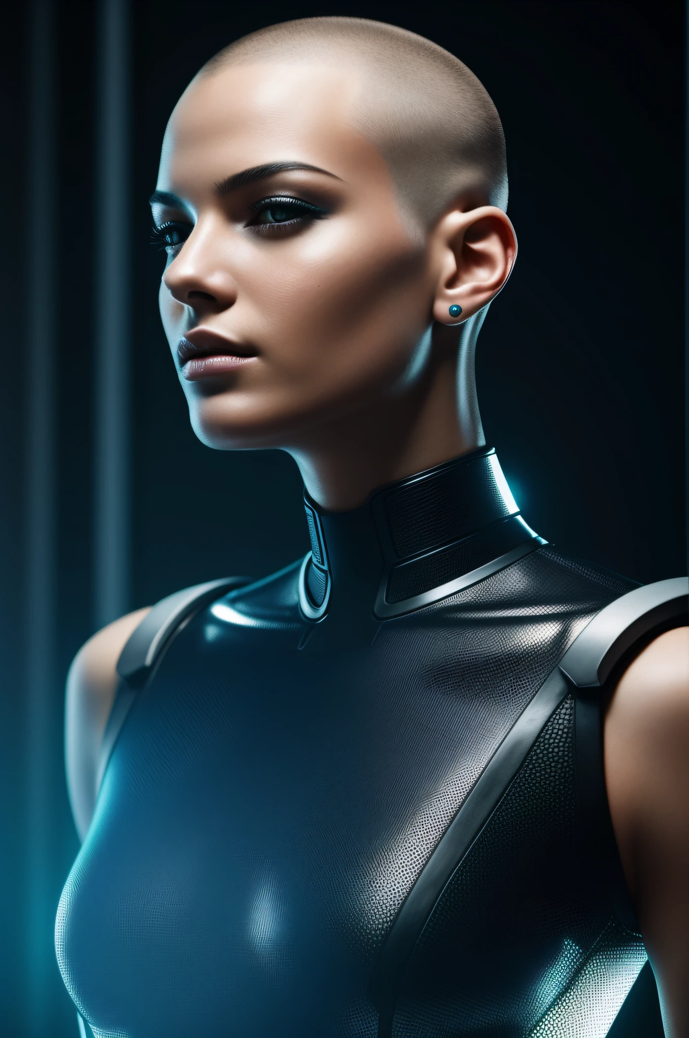 Modern beauty portrait. Young woman with shaved head. Futuristic cyberpunk concept of a female human being powered with AI hologram, full body