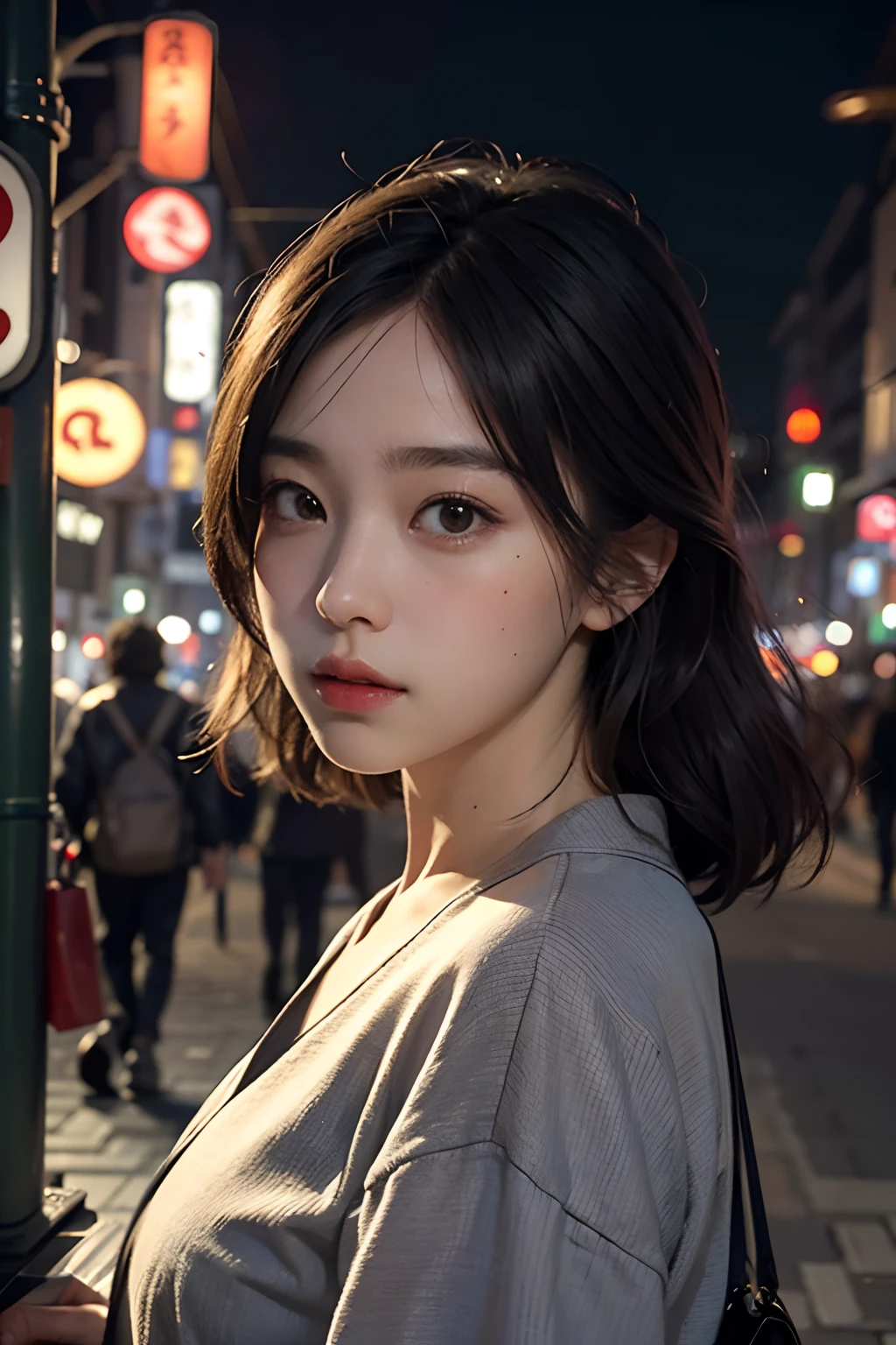1girl, Tokyo street,night, cityscape,city lights, upper body,close-up, 8k, RAW photo, best quality, masterpiece,realistic, photo-realistic,