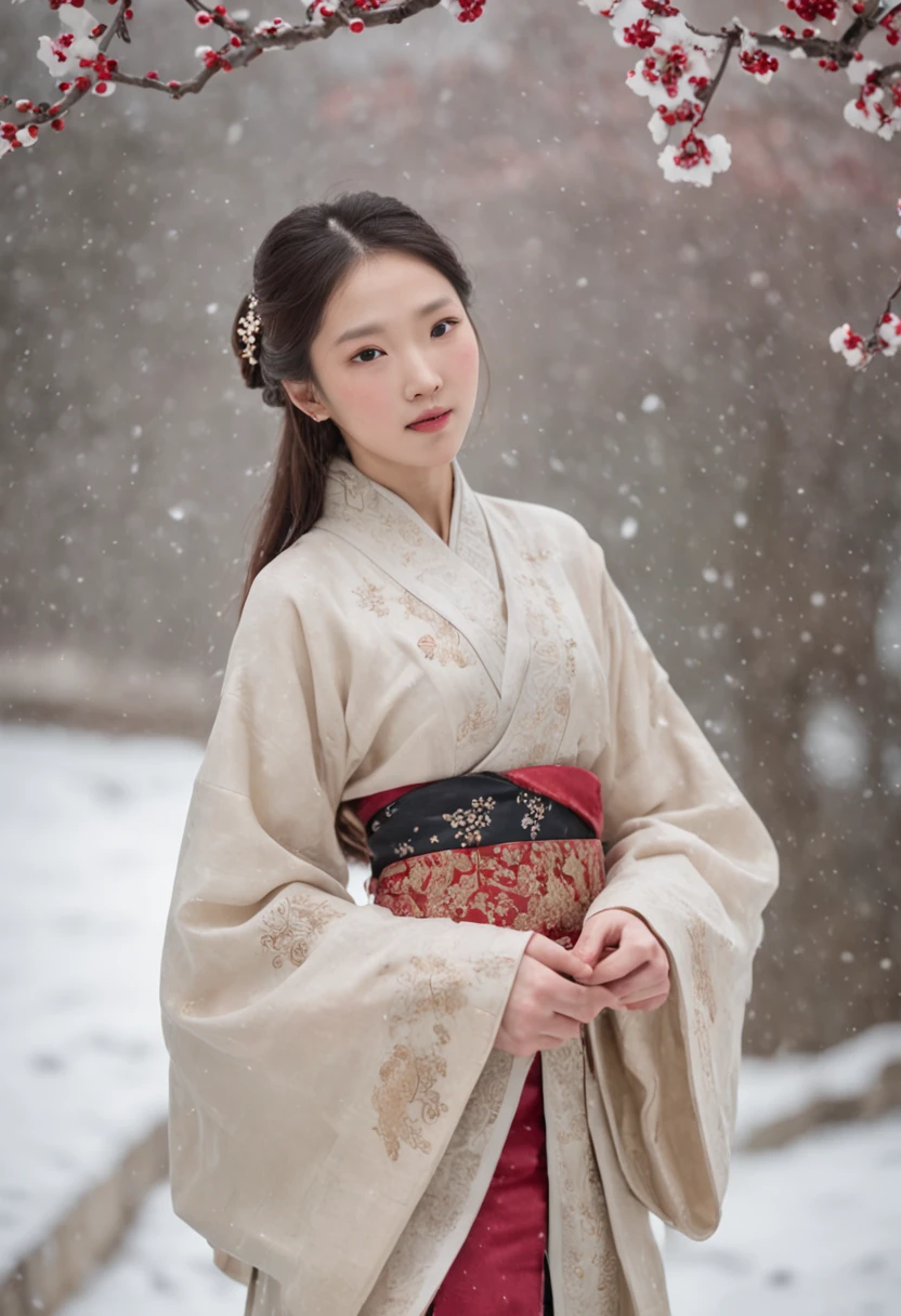 （Blurred foreground：It was snowing heavily：2.0，），（Falling a lot of plum blossoms：1.6），（Chinese Song Dynasty beauty dancing in skirt），（??????? correct，Korean star face，The hands and face are very delicate and clear），（Stand in the middle of a quaint courtyard，Plum tree，Chinese elements，Winter clothing），（wide angles，Ultra HD details，Masterpiece, hyper HD, Super detail, High details, Best quality, A high resolution,  Award-Awarded, 8K），（Chinese premium color scheme，电影灯光）