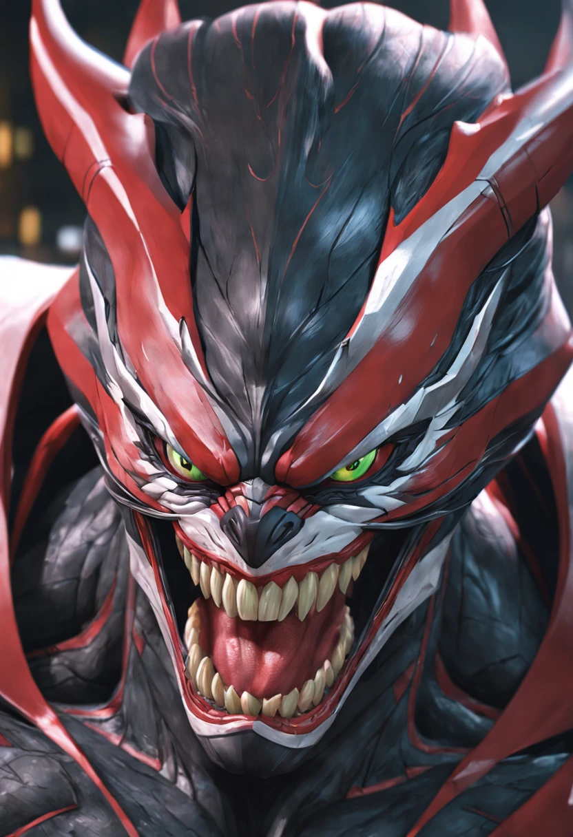 Veneno rugindo e hospedeiro，Marvel Venom，head portrait，Close-up，de um real，Facial features are carefully described，textura de pele realista，Estilo escuro，profundidade de campos，Luz alta，luz real，Traching de raias，oc renderizado，hyper-realistic，melhor qualidade，8k，Obras de mestres，super-fino，pelos pubianos detalhados，anatomia correta，sharp focus on eyes，Bokeh，Facial features are carefully described