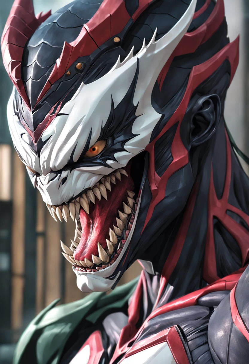 Veneno rugindo e hospedeiro，Marvel Venom，head portrait，Close-up，de um real，Facial features are carefully described，textura de pele realista，Estilo escuro，profundidade de campos，Luz alta，luz real，Traching de raias，oc renderizado，hyper-realistic，melhor qualidade，8k，Obras de mestres，super-fino，pelos pubianos detalhados，anatomia correta，sharp focus on eyes，Bokeh，Facial features are carefully described