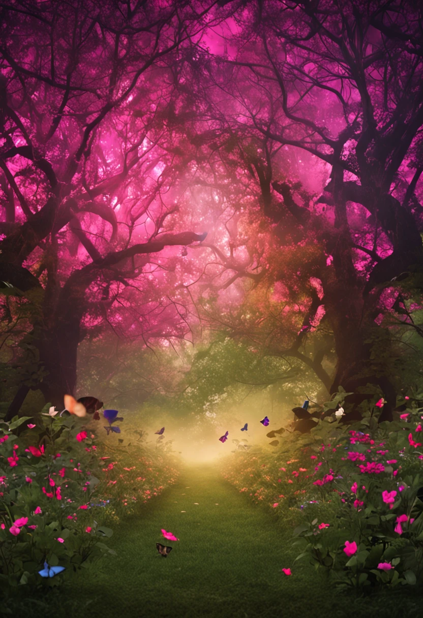 CREATE ME A BACKGROUND FOR PHOTOGRAPHY WITH AN ENCHANTED GARDEN THEMECOELEMENTS FLOWERS BUTTERFLIES TREES BIRDS AND EVERYTHING VERY COLORFUL