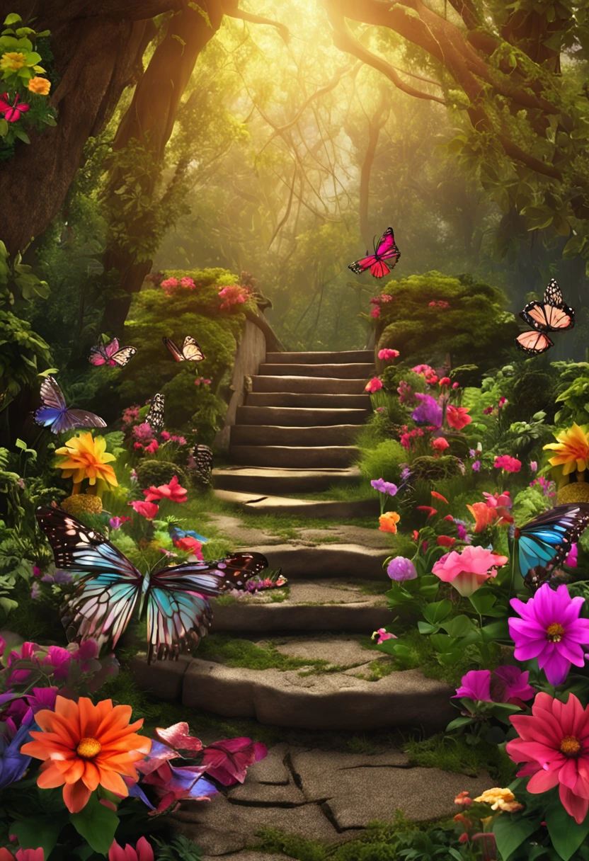 CREATE ME A BACKGROUND FOR PHOTOGRAPHY WITH AN ENCHANTED GARDEN THEMECOELEMENTS FLOWERS BUTTERFLIES TREES BIRDS AND EVERYTHING VERY COLORFUL