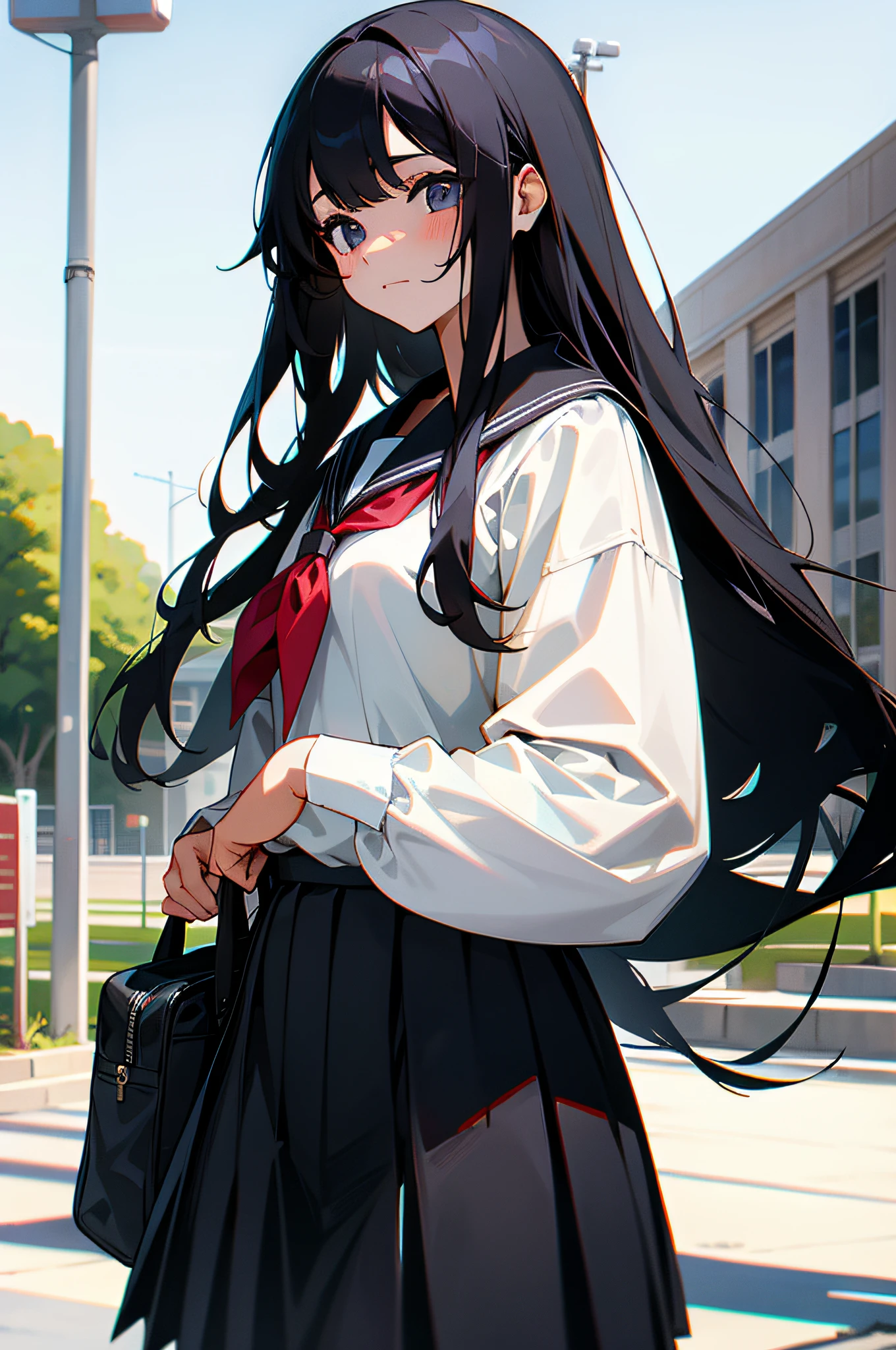 In front of the high school，A girl with long black hair wearing a Western-style school uniform