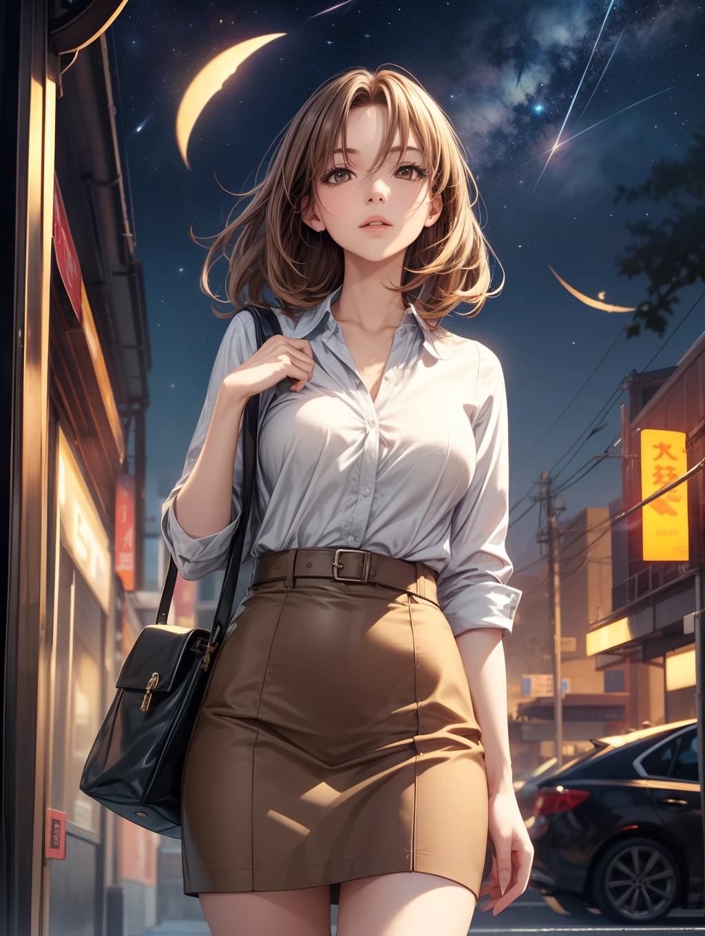 Best Quality, masutepiece, beautiful mature women、Beautiful face、Strong-minded woman、Office Suits、brown haired、Brown-eyed、Medium Hair、40 years、adult lady、In front of the station、nigh sky、Full body like、look up sky、See the stars