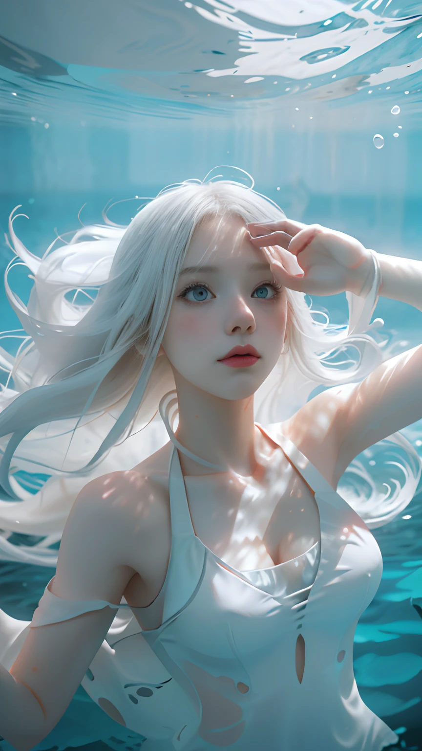 Blonde woman in white swimsuit,Holding a red umbrella, white hair floating in air, Tifa Lockhart with white hair, Flowing white hair, Guviz-style artwork, Guviz, underwater photo, Anime style mixed with Fujifilm, Anime girl cosplay, Under water, underwater shot, ciri, floathing underwater in a lake, underwater looking up, Underwater