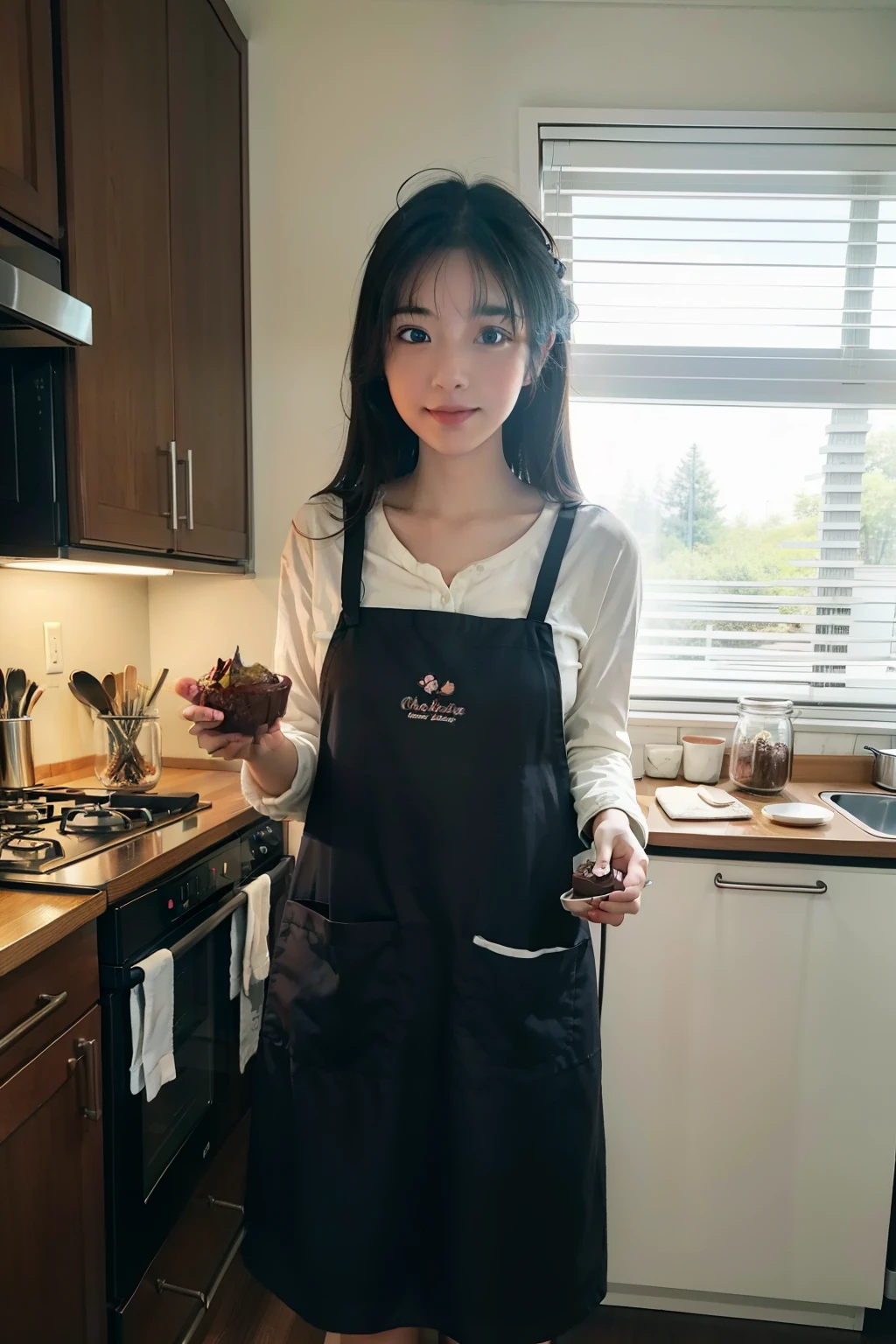 Anime girl in apron holding chocolate pie in kitchen, Guviz, 🍁 Cute, Guviz-style artwork, baking artwork, anime visual of a cute girl, Kawasi, Guweiz in Pixiv ArtStation, Cooking, anime food, Guweiz on ArtStation Pixiv, pixiv contest winner, guweiz masterpiece