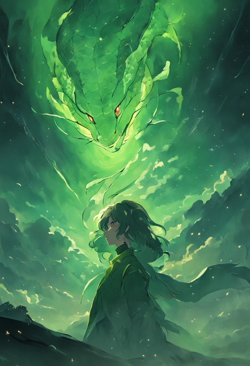 green snake,(Through the clouds),(Top of the mountains),(复杂),(super detailing),(starryskybackground),(Strong limbs),(Moon Night),(ultraclear),(best qualtiy)