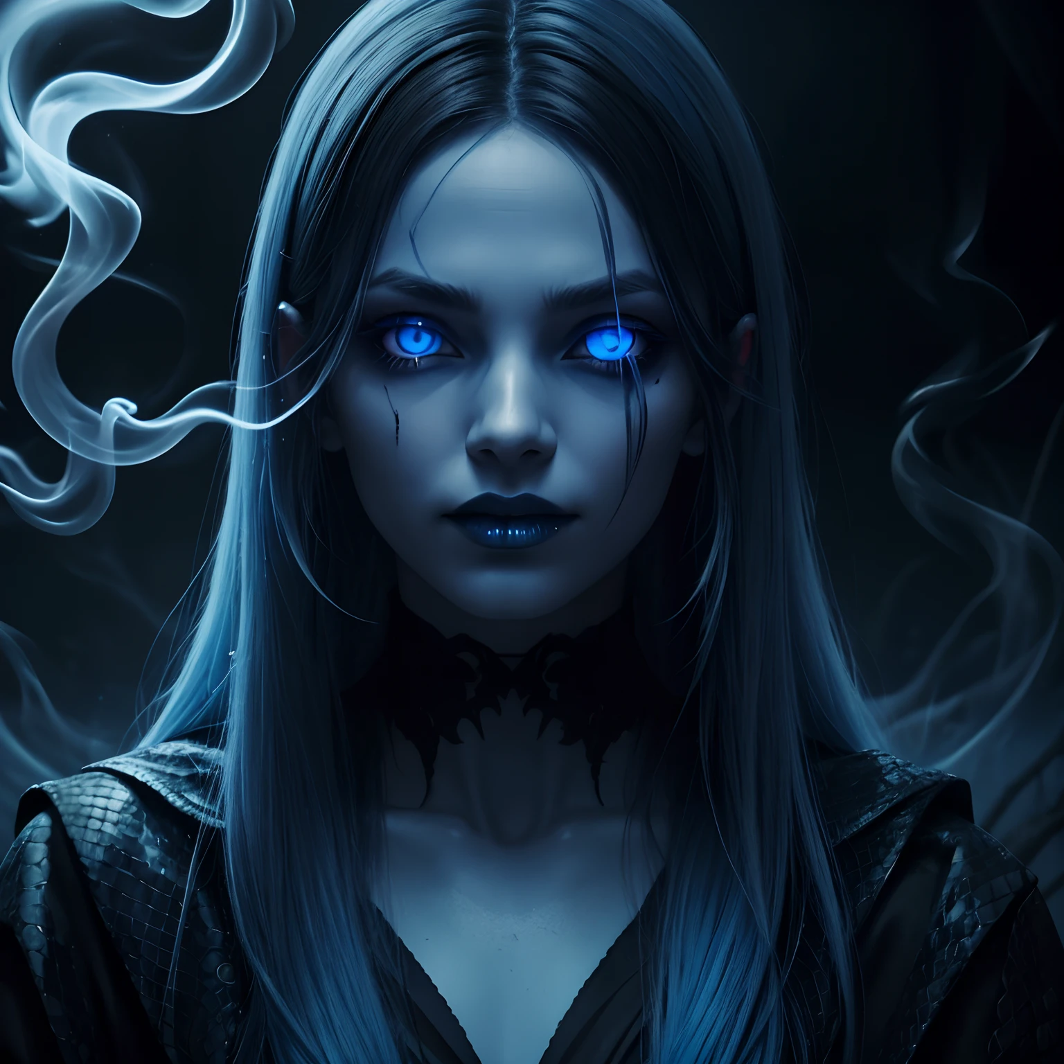 dark, unholy, evil, long tongue out, black snake, astral, creepy style, undead, mystical, nice perfect face with soft skin, young beautiful woman portrait in the lake, smoke, mist, night, long blue hair, glowing blue eyes, front view, looking in the camera, light blue glow, void