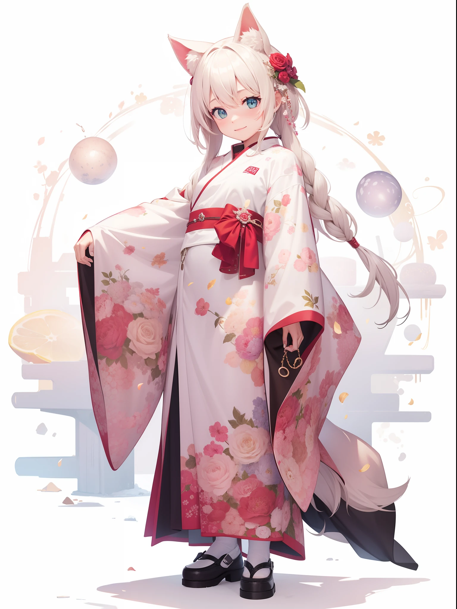 (Vtuber model), frontal, smiling, doesn’t open mouth, (a youth), ((short girl:1.8)), (((white very long hair))), light pink inner color, Japanese style dress, long sleeve, flower hair accessories, fairy clear wings, 