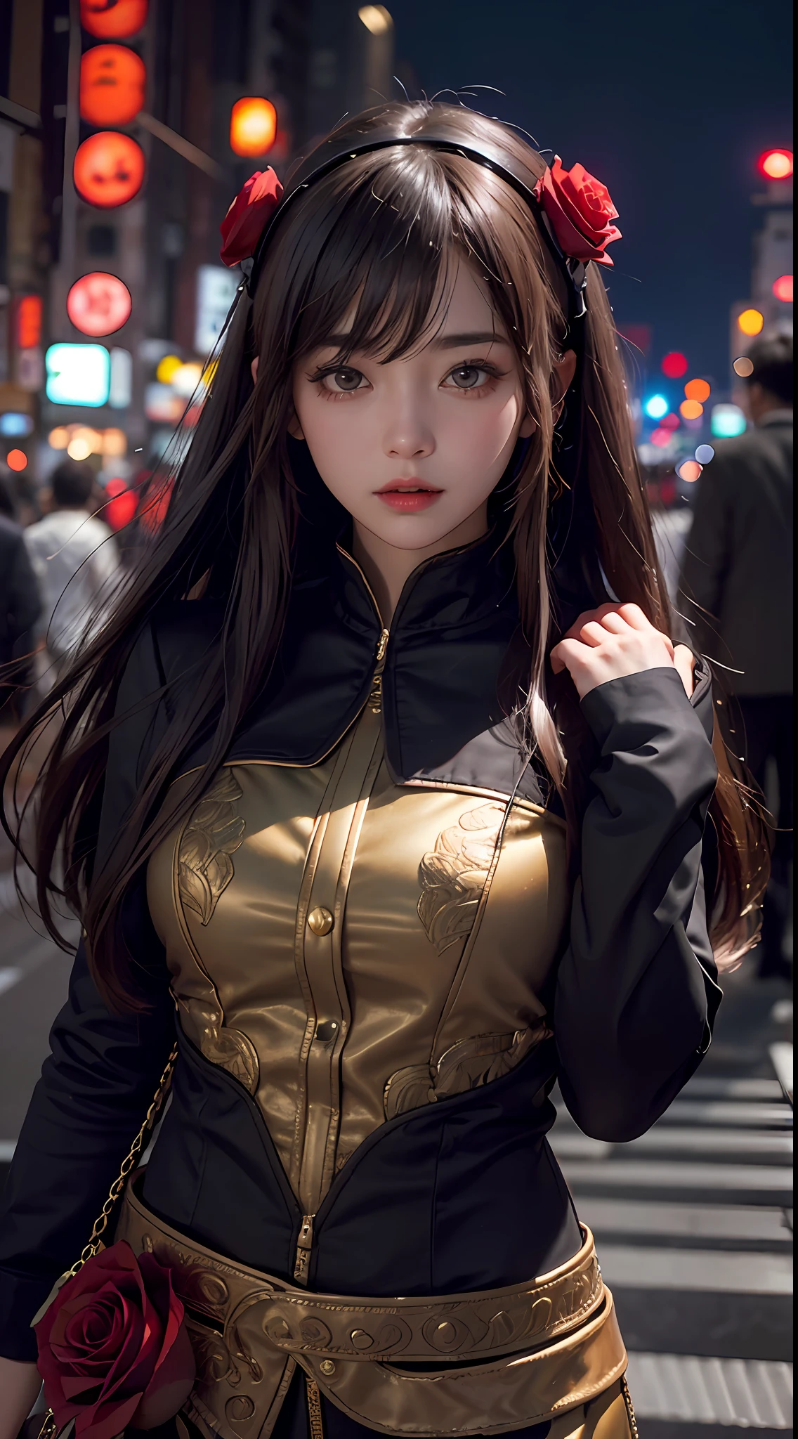 1girl, Tokyo street,night, cityscape,city lights, upper body,close-up, 8k, RAW photo, best quality, masterpiece,realistic, photo-realistic,headgear of red rose, parted bangs, long hair,