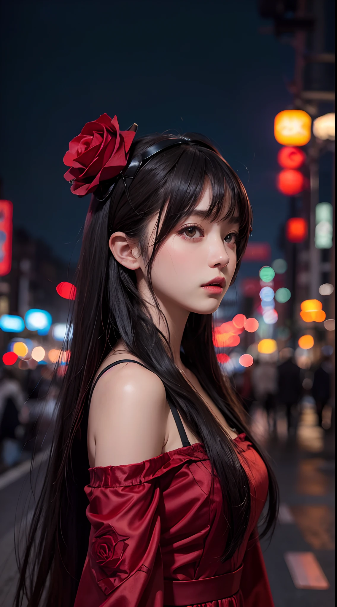 1girl, Tokyo street,night, cityscape,city lights, upper body,close-up, 8k, RAW photo, best quality, masterpiece,realistic, photo-realistic,headgear of red rose, parted bangs, long hair,