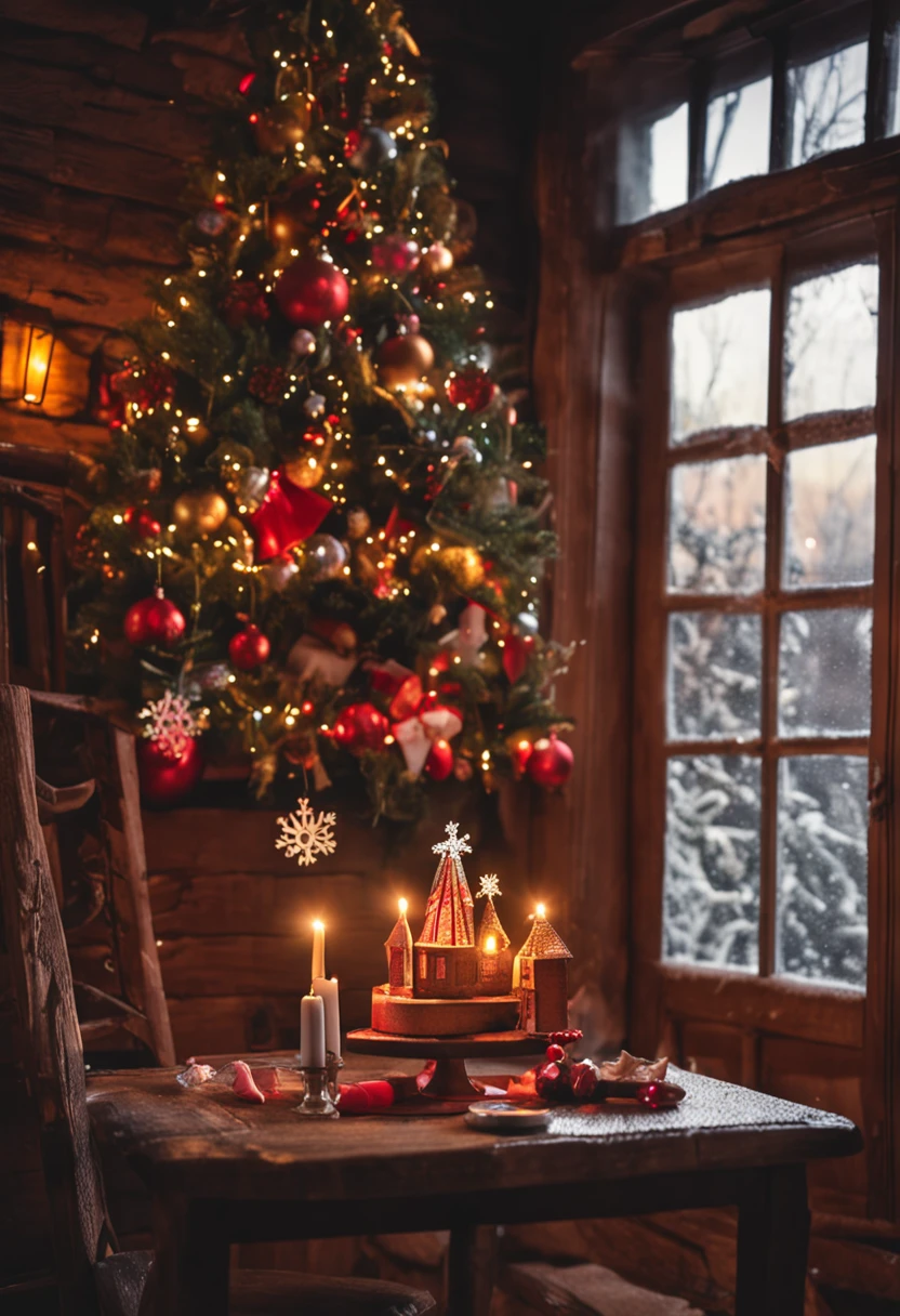 /imagine prompt: A beautiful wooden board shows a warm Christmas scene. On this wooden board, you can see a winter scenery covered by white snow, and the magic of Christmas is permeated.

On the snow, a tall Christmas is established there, decorated with colorful lights and flashing decorations. There are exquisite gift boxes under the tr
ee, all packed in gorgeous colored paper, waiting to be opened. The small house next to the tree also decorates the Christmas atmosphere. There are red and green light bands hanging on the windows, and the warm light sprinkle through the window through the window.