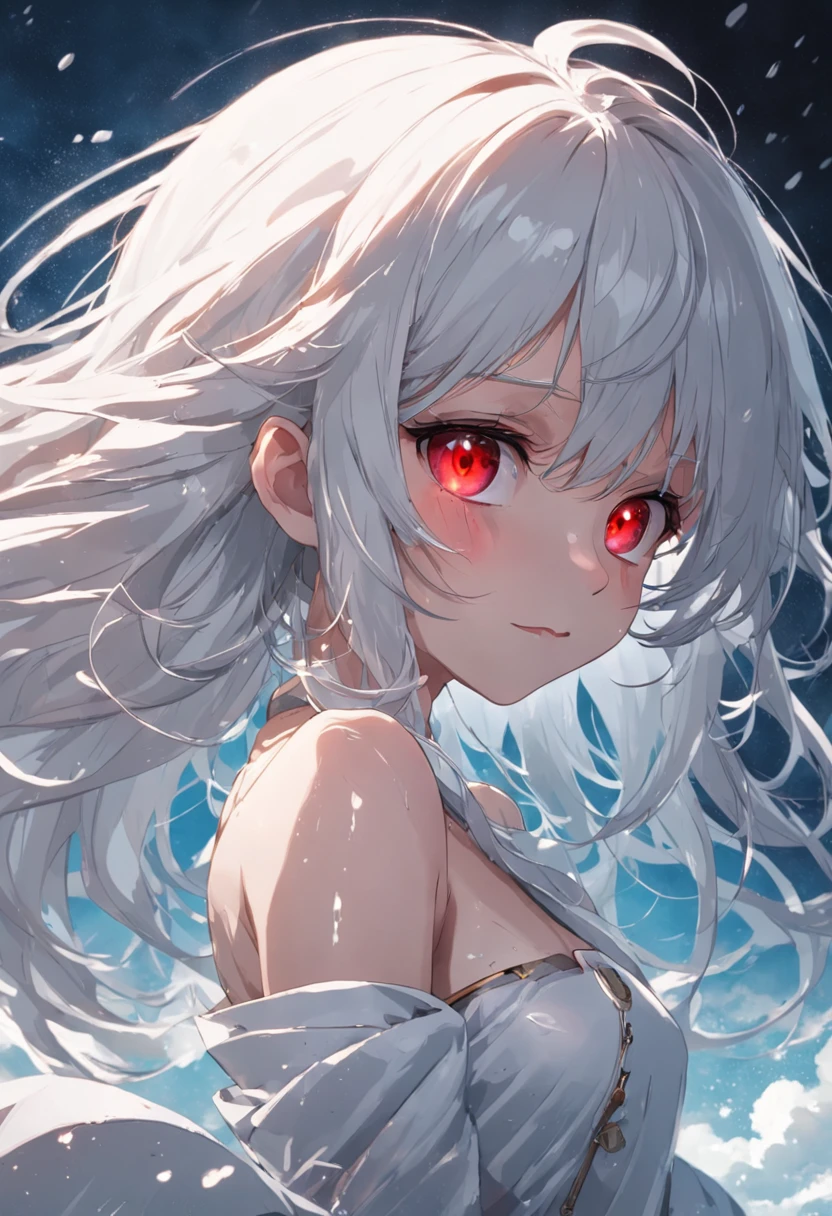 A boy with,red eyes,the detail,White color hair,Thin,Cold white skin,ellegance,Noble,Delicate picture,Get wet,seductiv,Look up at the perspective,seduce,ssmile,clouds,Intricate decoration