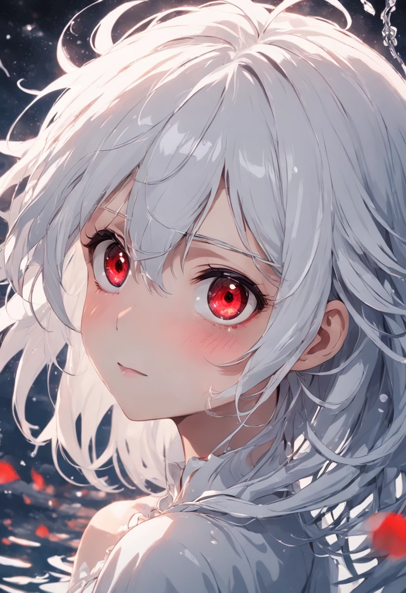 A boy with,red eyes,the detail,White color hair,Thin,Cold white skin,ellegance,Noble,Delicate picture,Get wet,seductiv,Look up at the perspective,seduce,ssmile,clouds,Intricate decoration