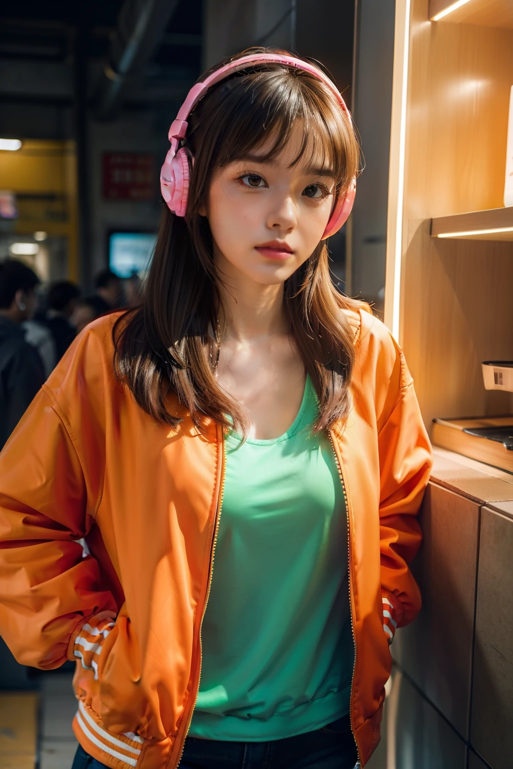 （（best qualtiy）），（（tmasterpiece）），（（Realistis））Hyper-detail photography with book kids wearing neon headphones。She's having（（brunette color hair）），Wear an orange tech jacket，Exuding（（Beauty and aesthetics））The atmosphere。Bigchest