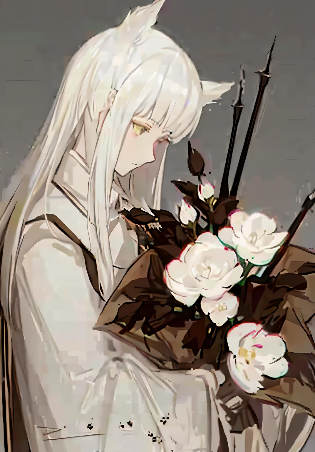 White-haired anime girl holding a bouquet of flowers, 🌺 CGSesociety, Guweiz in Pixiv ArtStation, White Cat Girl, white-haired god, by Puru, from girls frontline, author：Shitao, Guviz, Guweiz on ArtStation Pixiv, From Arknights, With flowers, by Kamagurka