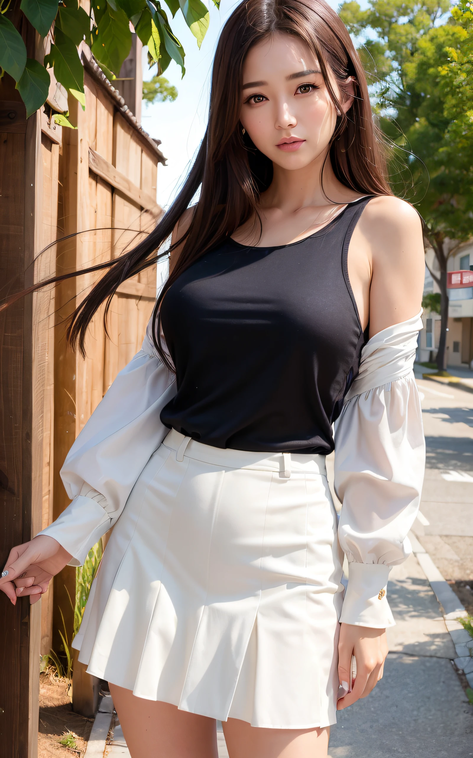 1 beautiful girl, Sad girl, Long Hair, 18-year-old, A beautiful face without blemishes, Rosy Face, Earrings, Brown eyes, Thin eyebrows, The most thorough makeup is the eyelashes, Pink lipstick, lips , Elegant smile, Her breasts are large and round, Slim waist, Big Breasts, moderately large butt, Long legs, Please wear a thin white shirt that reaches down to your waist so that your underwear is visible., Wearing a black skirt, Thighs, Long Hair, One afternoon, The sun is setting, The sky is orange, Sunny sunset background image, Quality Best image quality, 8K quality, Real Girls, artwork, whole body