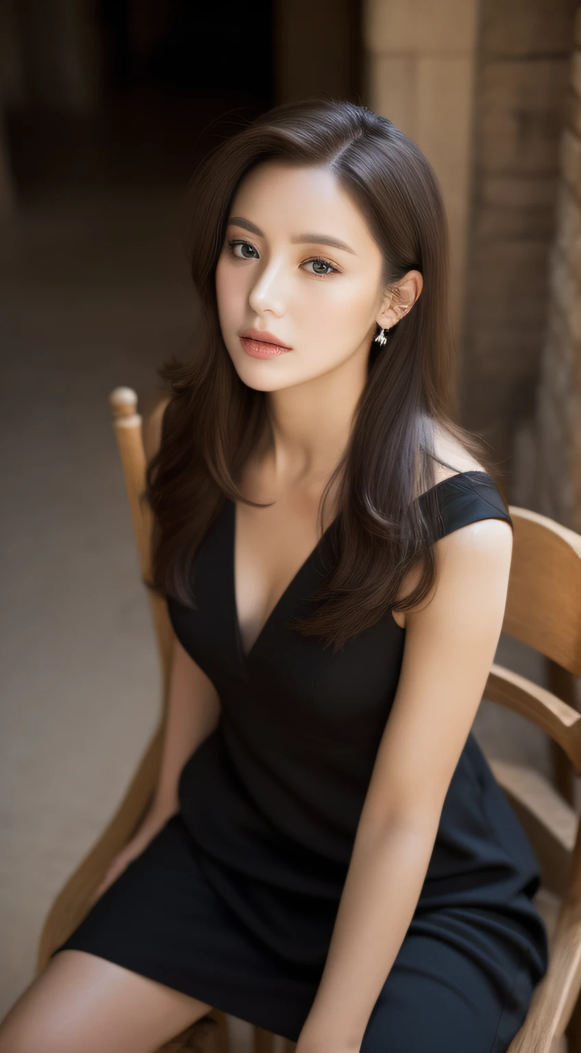 Among the castles of Europe1Man Woman、Sitting on a chair、Longhaire、Eyes closed、Wearing a black dress、look from above、close up of face