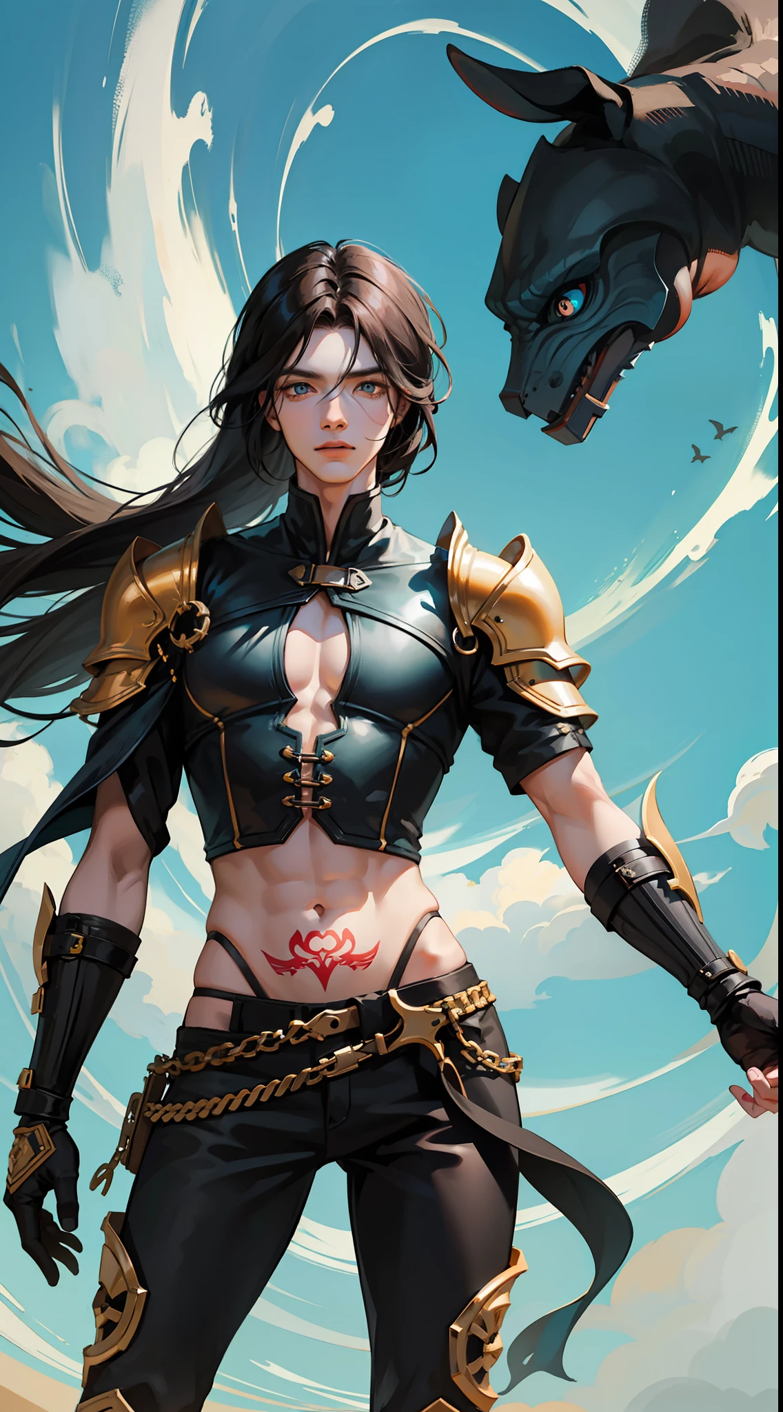 Young man, Long black hair, Cyan eyes, Tatoo, open torso, breeches, Iron hands, tmasterpiece, hiquality