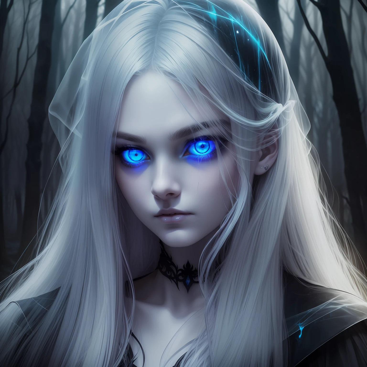 dark, unholy, evil, astral, creepy style, undead, mystical, nice perfect face with soft skin, young beautiful girl portrait in the woods, mist, night, long white hair, staring into the abyss, glowing blue eyes