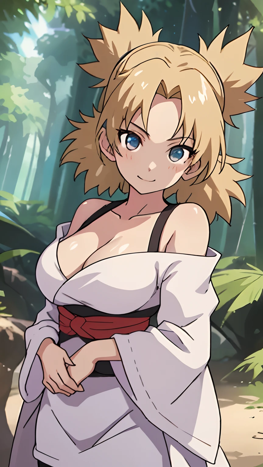 tmasterpiece, best quality, 1girl,  The upper part of the body,cleavage，White clothes，bamboo forrest，ninjartist，Off-the-shoulder attire，looks into camera，Be red in the face，ssmile，largeeyes，Close-up，Huge fan