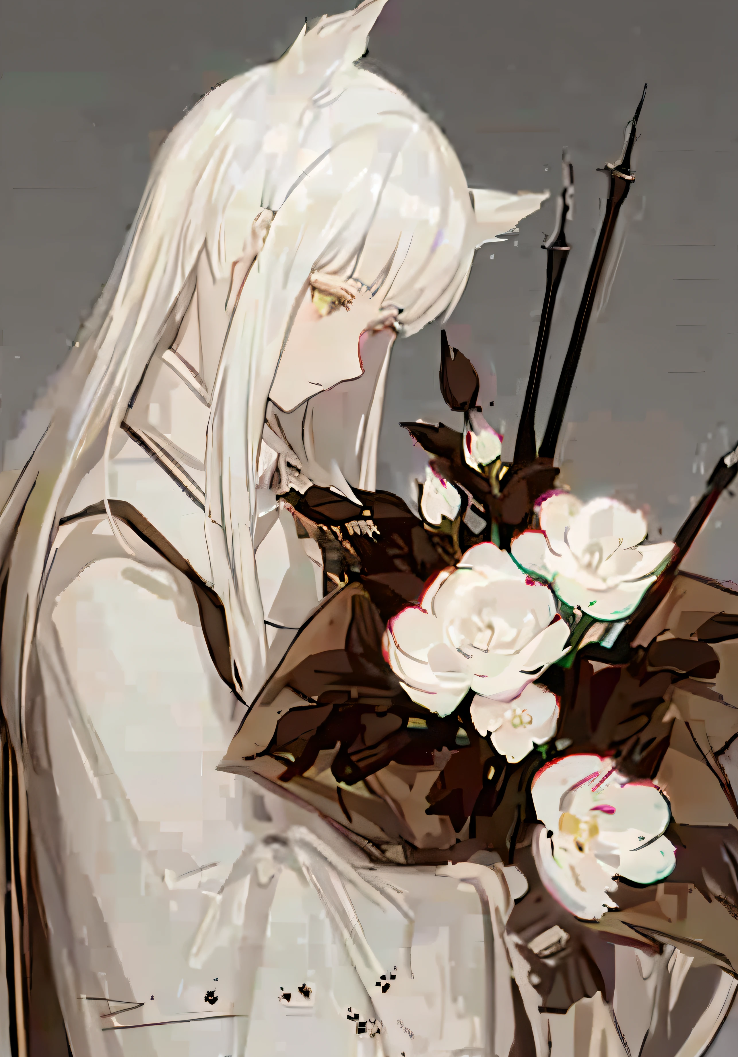 White-haired anime girl holding a bouquet of flowers, 🌺 CGSesociety, Guweiz in Pixiv ArtStation, White Cat Girl, white-haired god, by Puru, from girls frontline, author：Shitao, Guviz, Guweiz on ArtStation Pixiv, From Arknights, With flowers, by Kamagurka