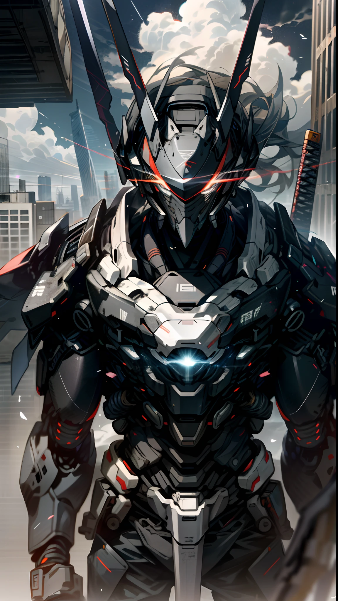 Skyscraper night sky, Cloud, Holding_arma, No_Humanity, Glow, Ninja robot, architecture, Science fiction, urban, Reality Upper body straight forward Glowing body Glowing red eyes holding a sword(Tachi weapons) a broad shouldered --v6