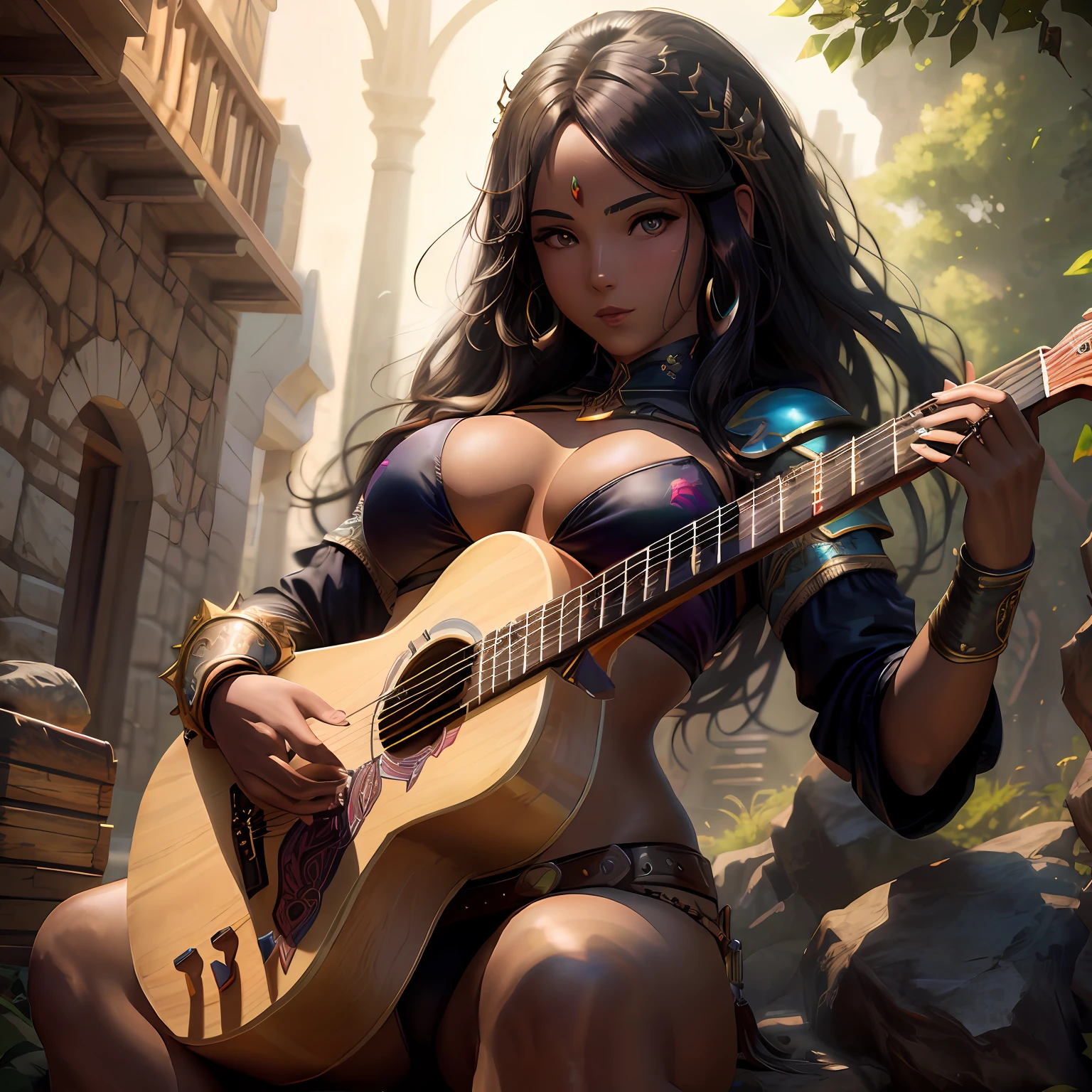 Araffe woman with a lute in a fantasy setting, Arte no estilo de Guweiz, estilo de arte de fantasia, Alena Aenami e Artgerm, Bard playing lute, Artgerm extremamente detalhado, Modelo IG | Artgerm, 2. 5 d cgi anime fantasia arte, Artgerm Julie Bell Beeple (mulher humana, Bardo da Fantasia, playing lute, seios grandes, Colorful bikini armor, tom de pele escuro, cabelos longos, sozinho, Bardo do DnD, mulher negra)