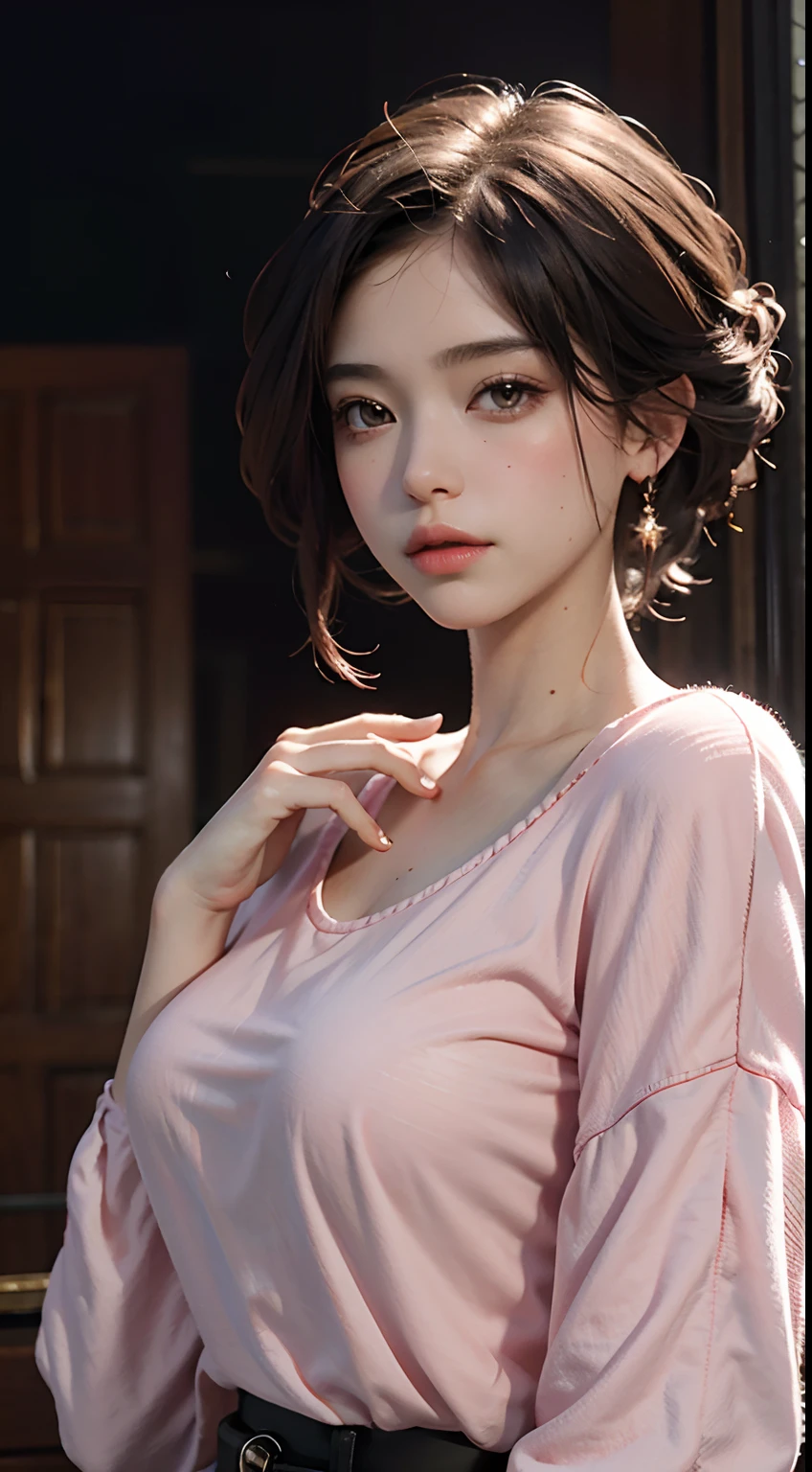 1girl, solo focus, teen girl, skin imperfection, light olive skin, perfect face, puffy face, beautiful face, big eyes, puffy eyes, green eyes, perfect eyes, eyelashes, very short chignon mahogany hair
