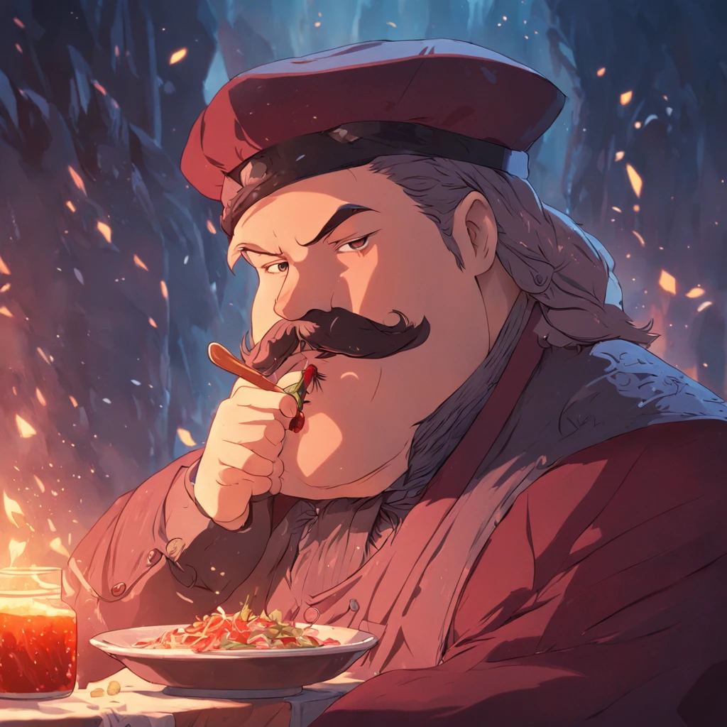 A fat Cossack with a mustache and forelock eats borscht